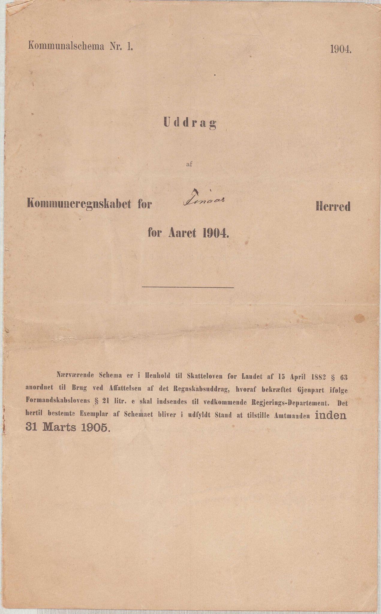 Finnaas kommune. Heradskassen, IKAH/1218a-121/R/Ra/Raa/L0001/0001: Årsrekneskap / Utdrag av kommunerekneskapet, 1904-1910, p. 1