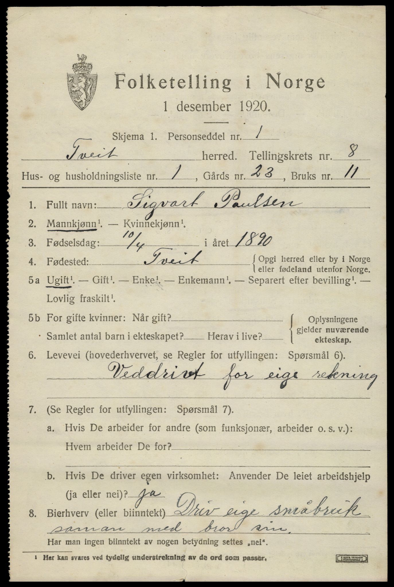 SAK, 1920 census for Tveit, 1920, p. 3486