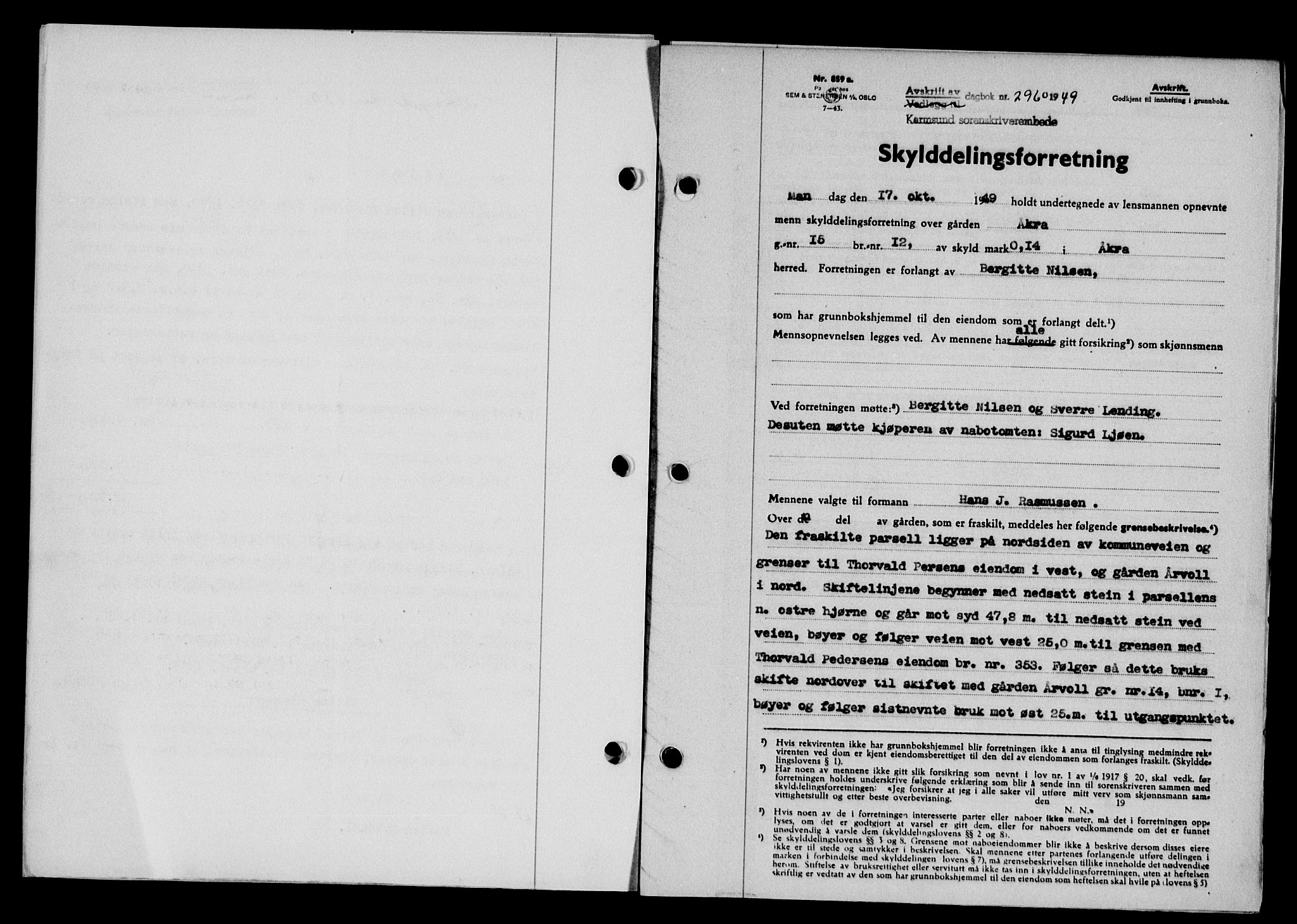 Karmsund sorenskriveri, SAST/A-100311/01/II/IIB/L0098: Mortgage book no. 78A, 1949-1950, Diary no: : 2960/1949