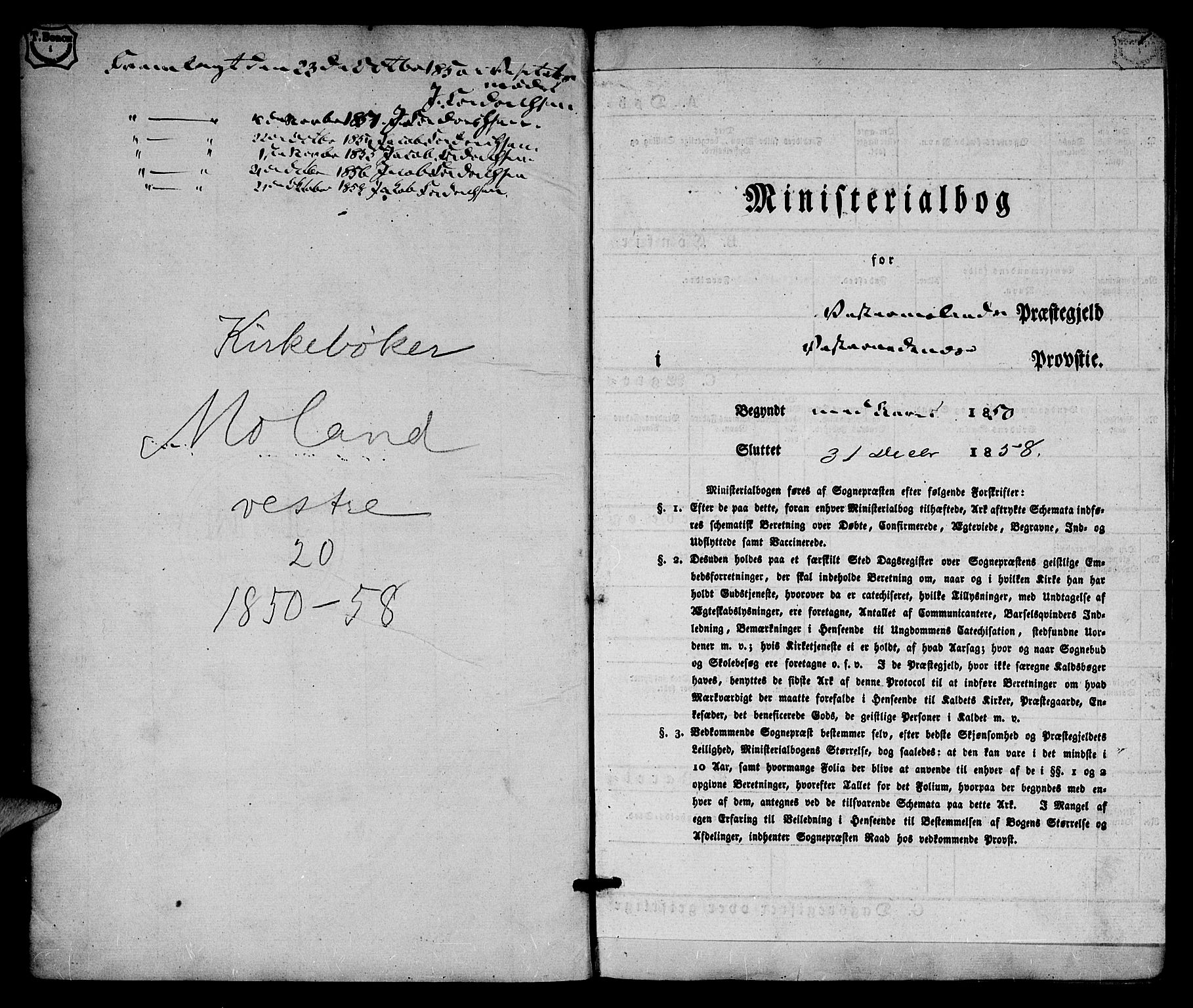 Vestre Moland sokneprestkontor, AV/SAK-1111-0046/F/Fa/Fab/L0006: Parish register (official) no. A 6, 1850-1858