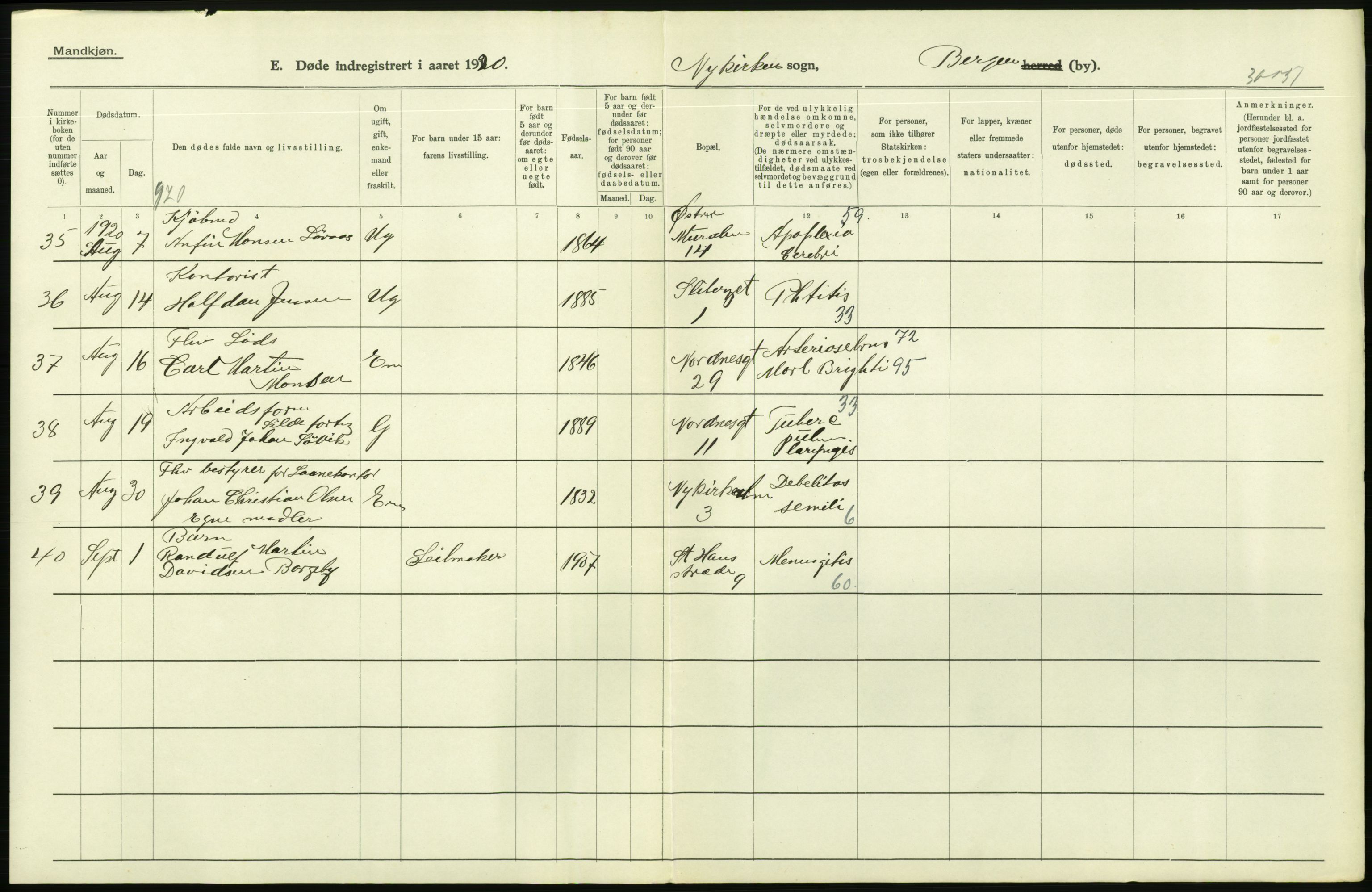 Statistisk sentralbyrå, Sosiodemografiske emner, Befolkning, AV/RA-S-2228/D/Df/Dfb/Dfbj/L0042: Bergen: Gifte, døde, dødfødte., 1920, p. 528