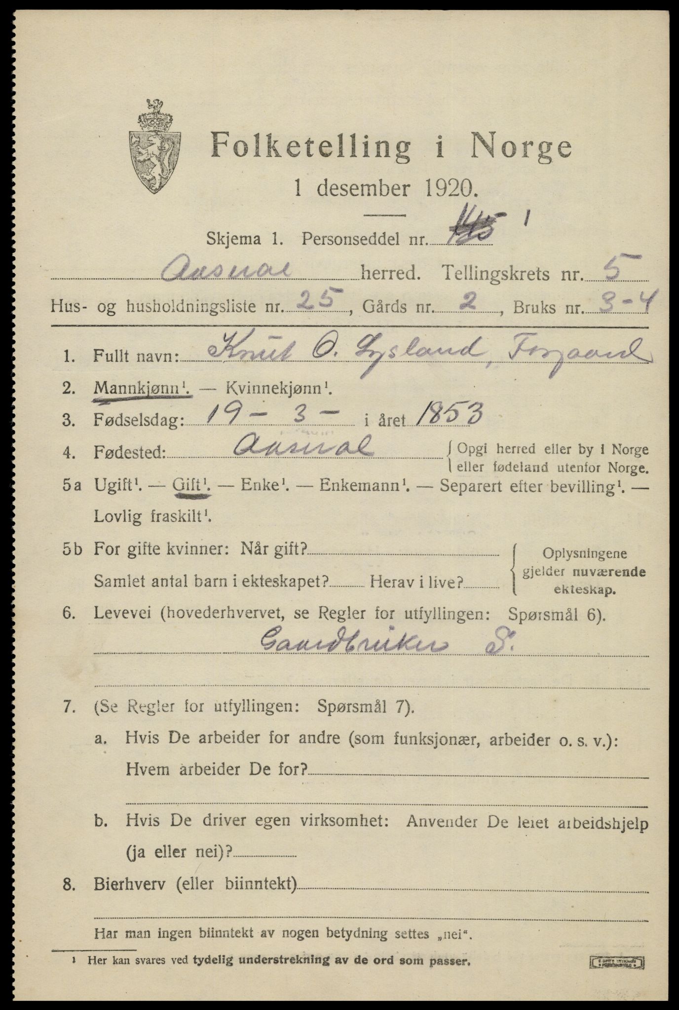 SAK, 1920 census for Åseral, 1920, p. 1752