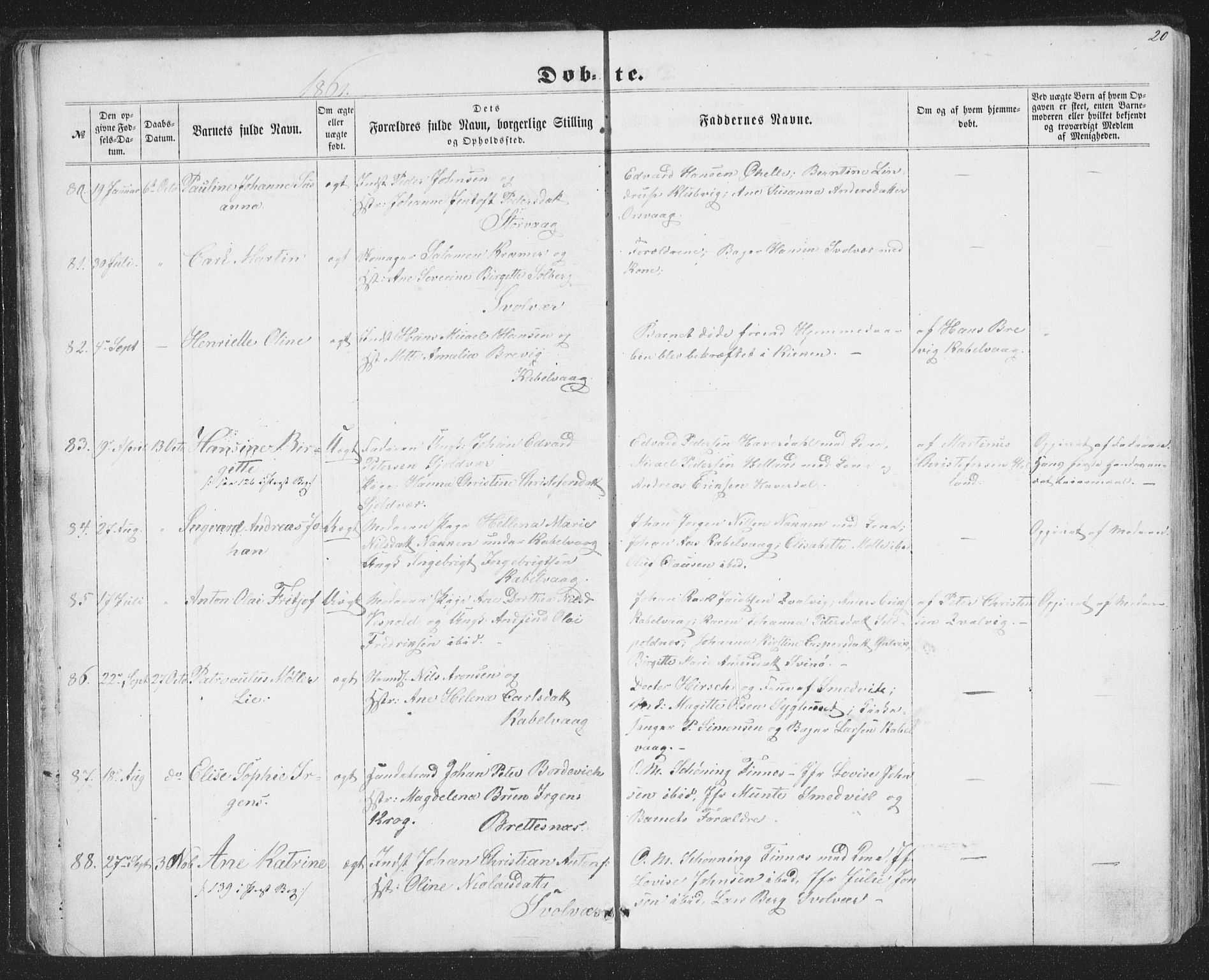 Ministerialprotokoller, klokkerbøker og fødselsregistre - Nordland, SAT/A-1459/874/L1073: Parish register (copy) no. 874C02, 1860-1870, p. 20