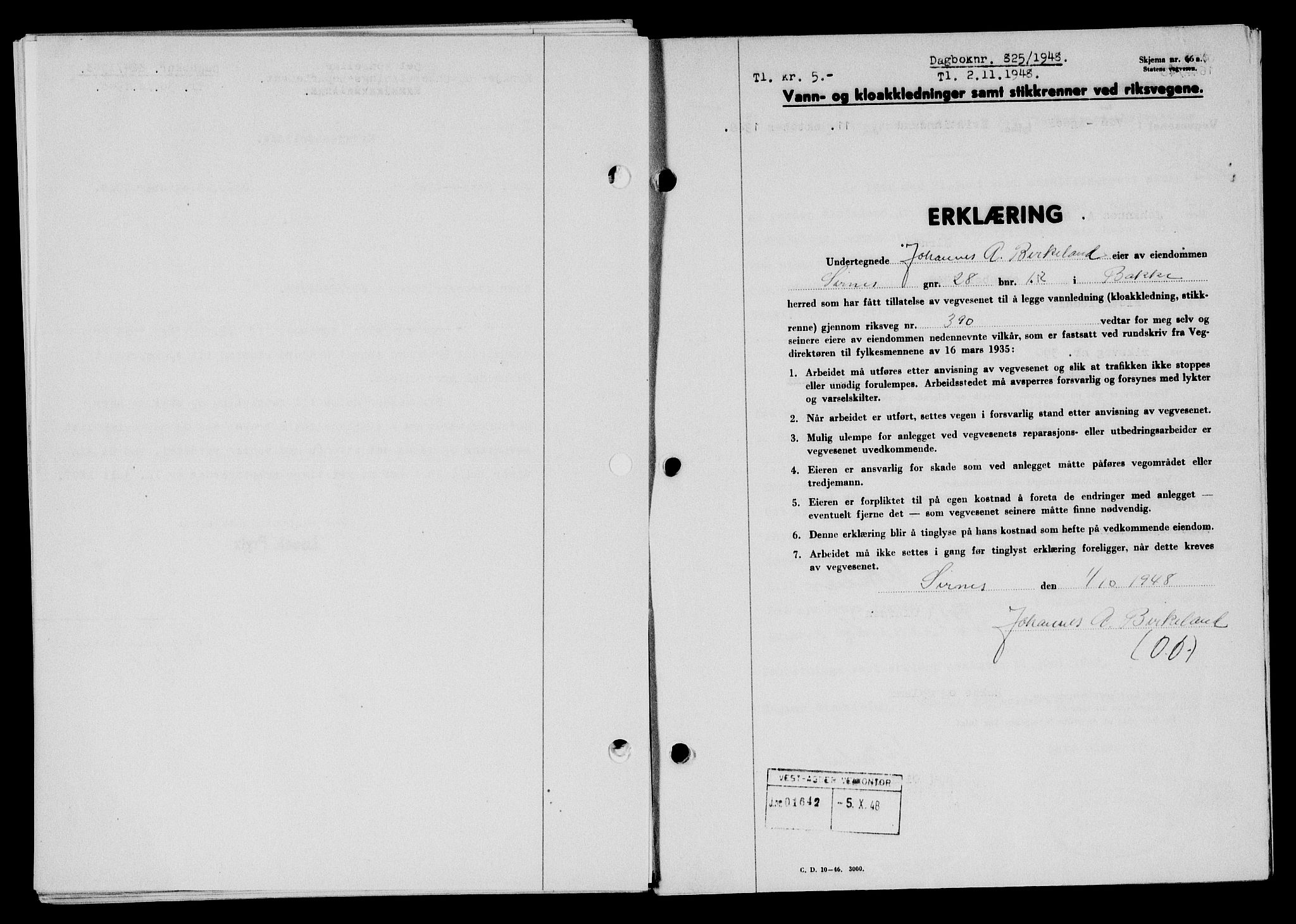 Flekkefjord sorenskriveri, SAK/1221-0001/G/Gb/Gba/L0064: Mortgage book no. A-12, 1948-1949, Diary no: : 825/1948