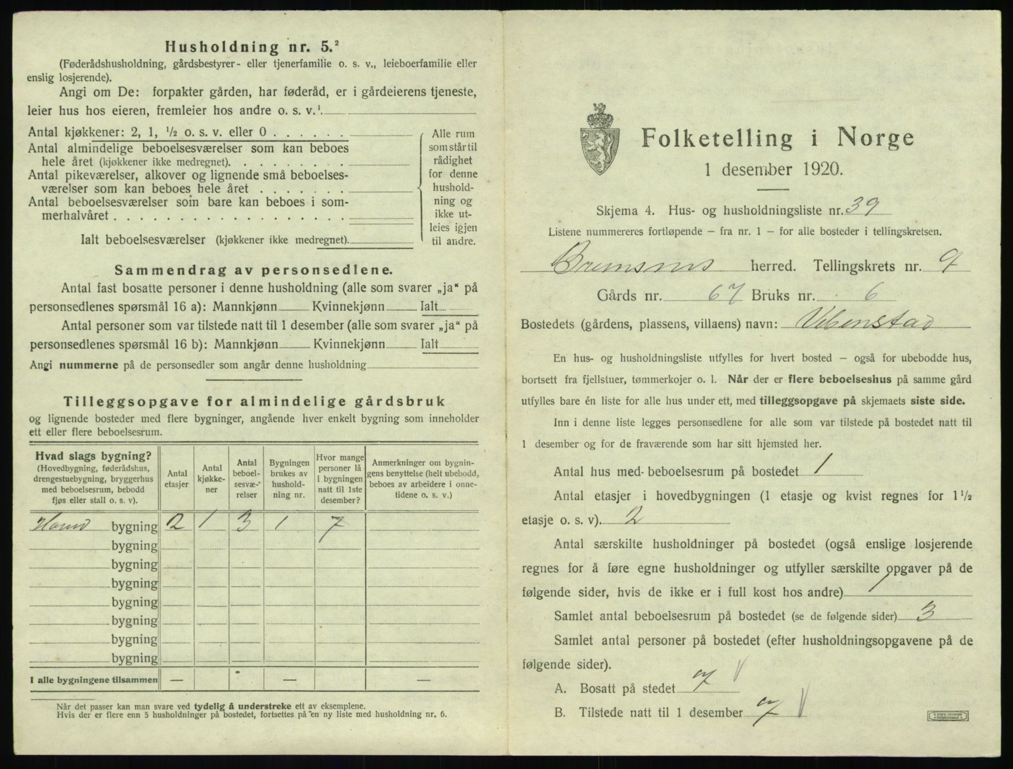 SAT, 1920 census for Bremsnes, 1920, p. 1153