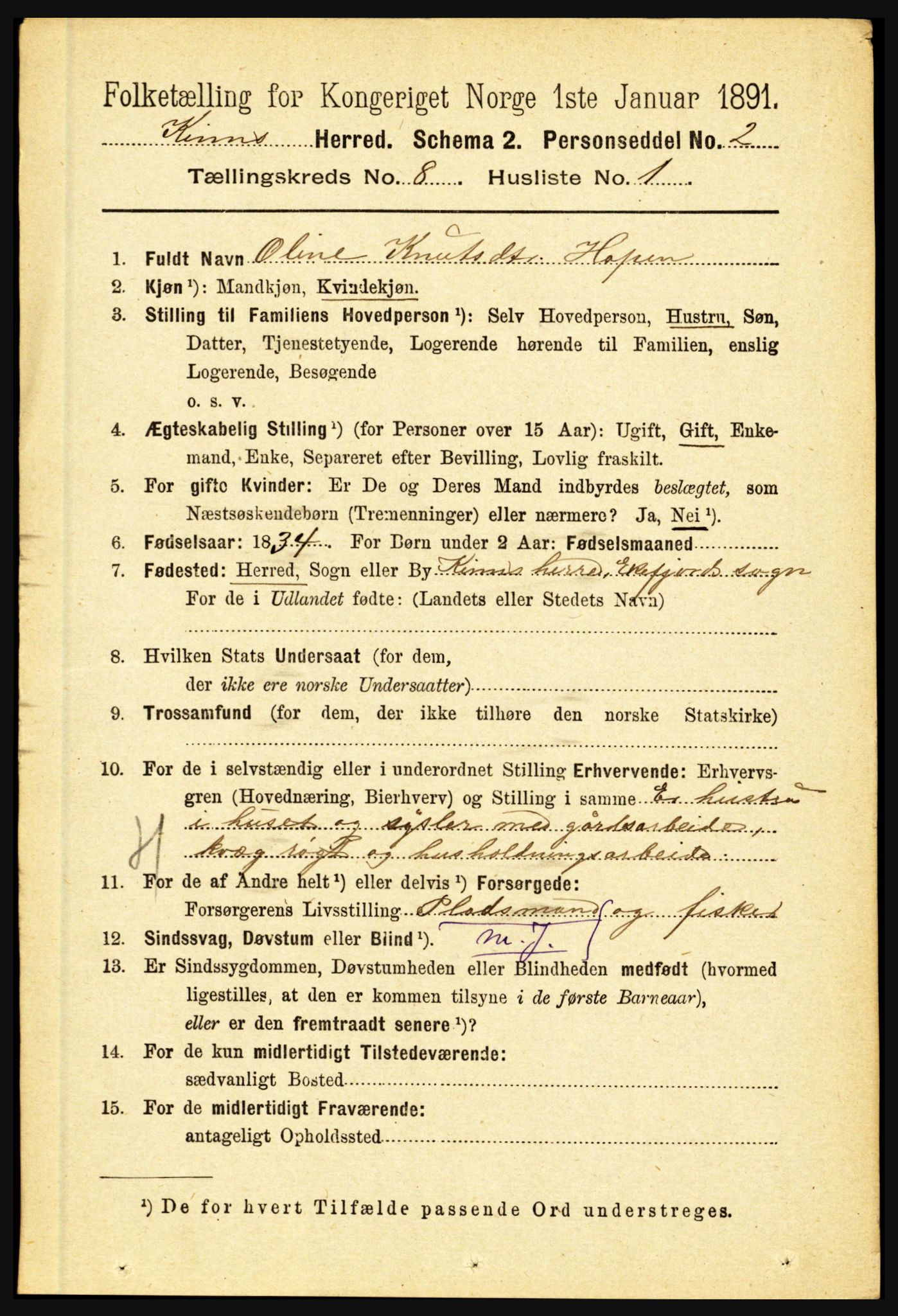 RA, 1891 census for 1437 Kinn, 1891, p. 3107