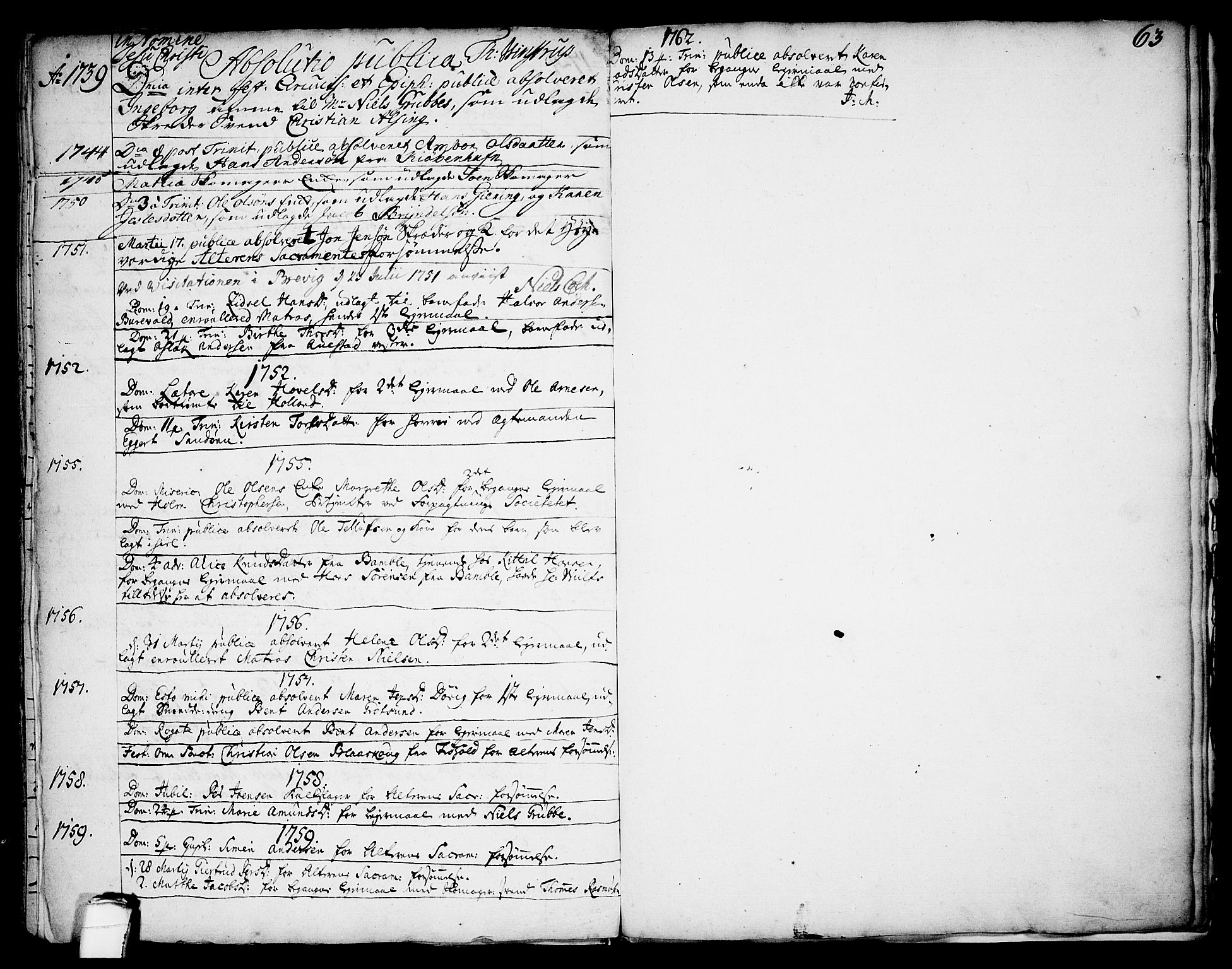 Brevik kirkebøker, SAKO/A-255/F/Fa/L0002: Parish register (official) no. 2, 1720-1764, p. 63