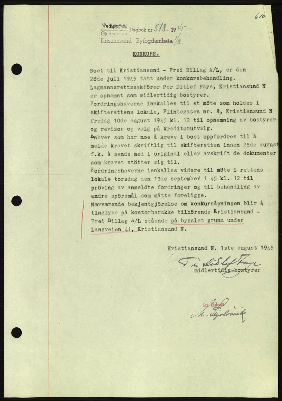 Kristiansund byfogd, AV/SAT-A-4587/A/27: Mortgage book no. 37-38, 1943-1945, Diary no: : 518/1945