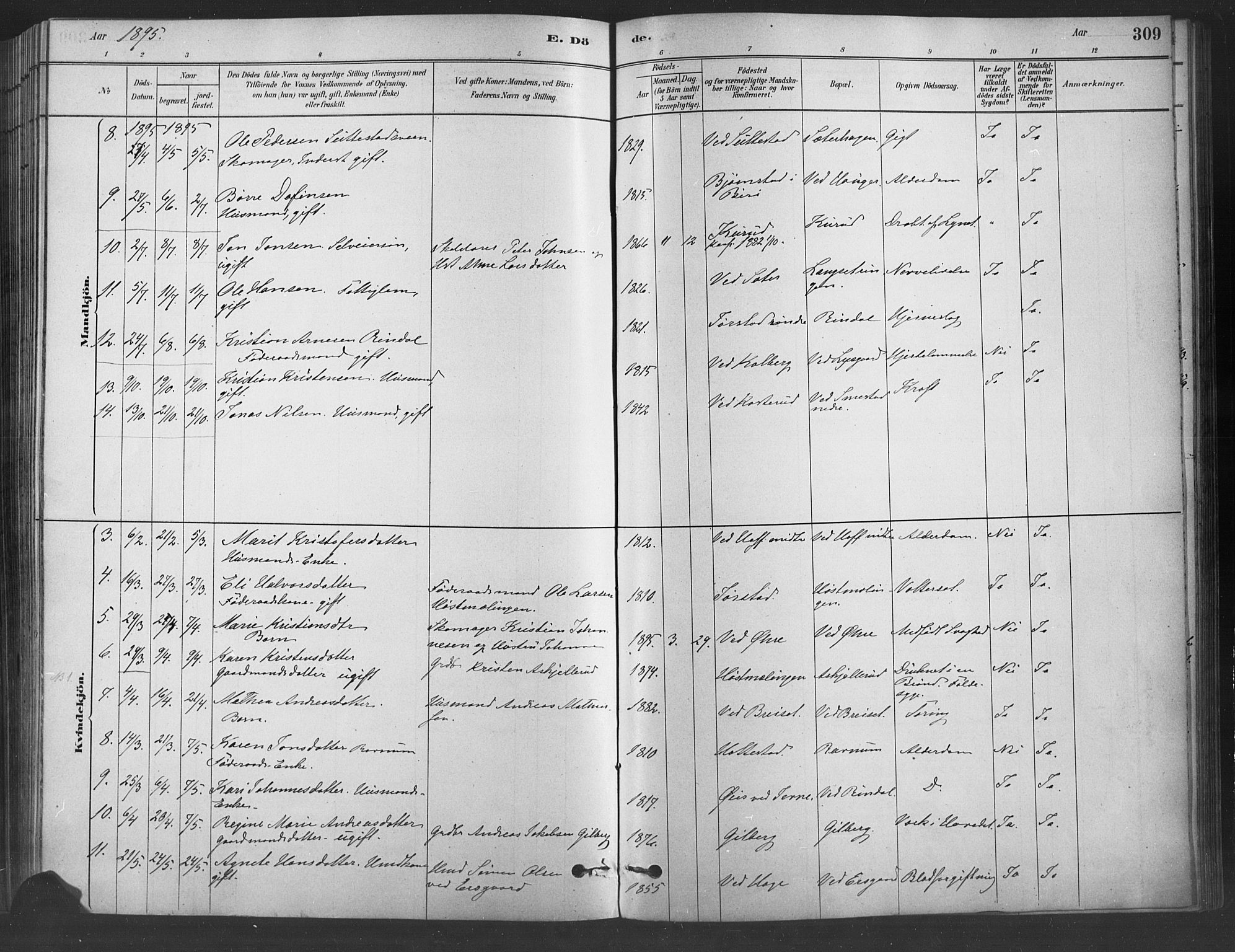 Fåberg prestekontor, SAH/PREST-086/H/Ha/Haa/L0009: Parish register (official) no. 9, 1879-1898, p. 309
