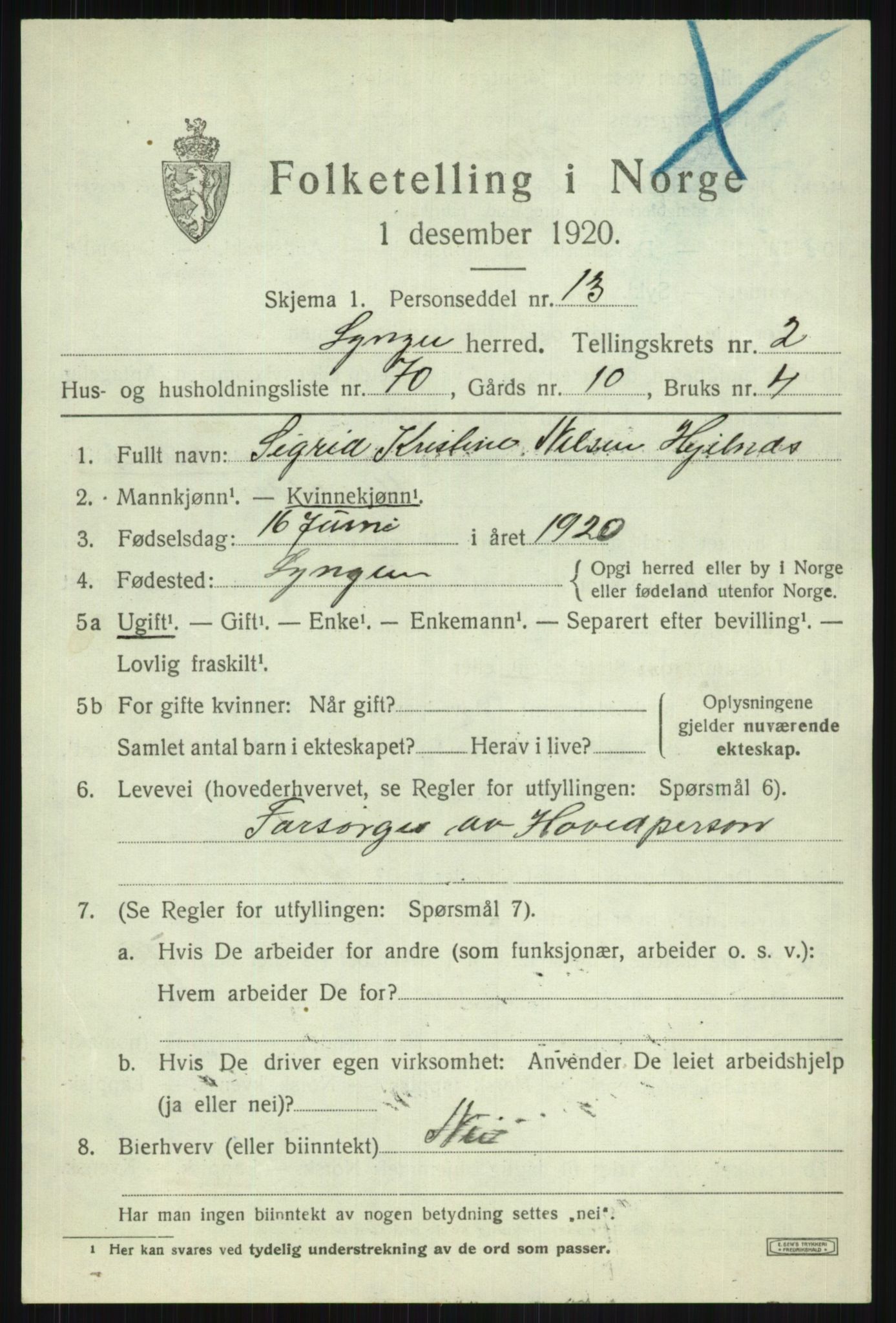 SATØ, 1920 census for Lyngen, 1920, p. 3489