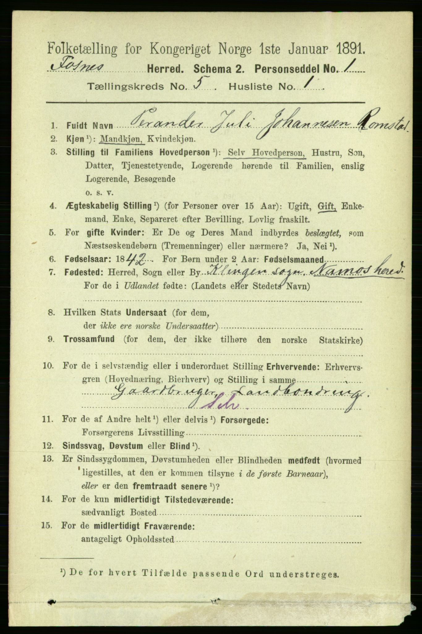 RA, 1891 census for 1748 Fosnes, 1891, p. 1995