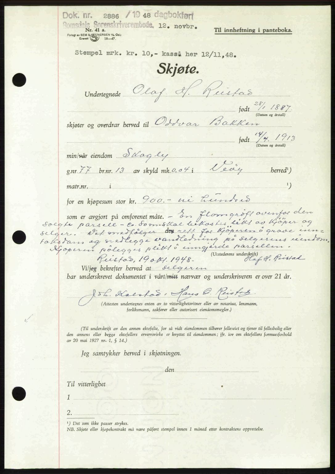 Romsdal sorenskriveri, AV/SAT-A-4149/1/2/2C: Mortgage book no. A27, 1948-1948, Diary no: : 2886/1948