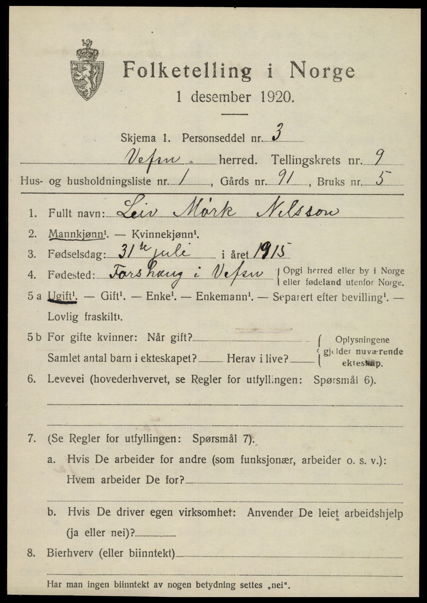 SAT, 1920 census for Vefsn, 1920, p. 5679