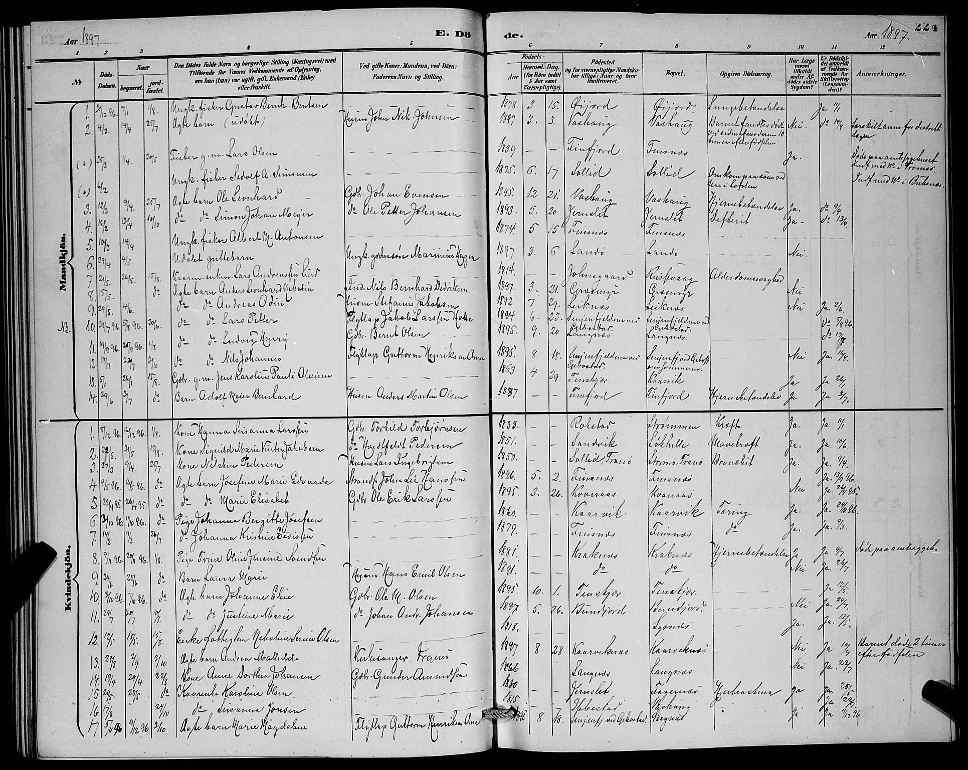 Lenvik sokneprestembete, SATØ/S-1310/H/Ha/Hab/L0007klokker: Parish register (copy) no. 7, 1890-1898, p. 224