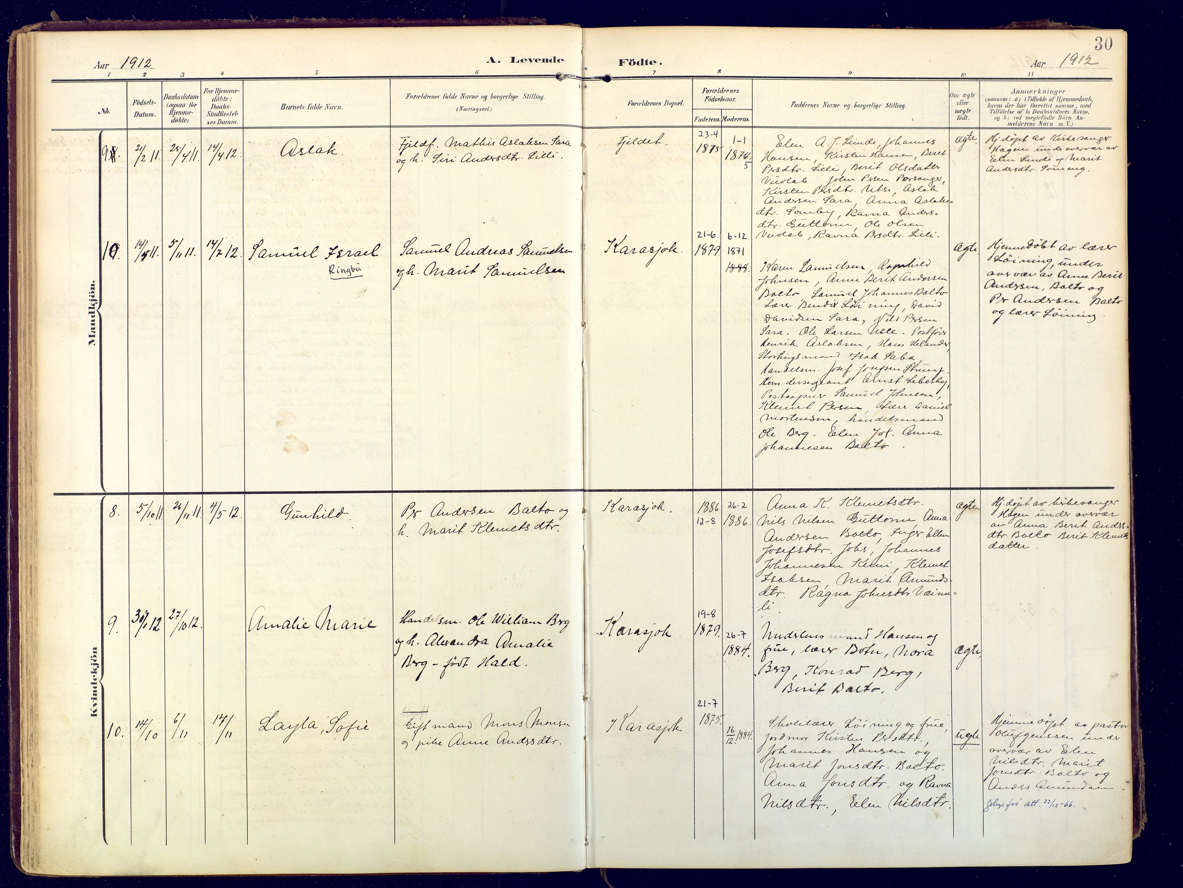 Karasjok sokneprestkontor, AV/SATØ-S-1352/H/Ha: Parish register (official) no. 3, 1907-1926, p. 30