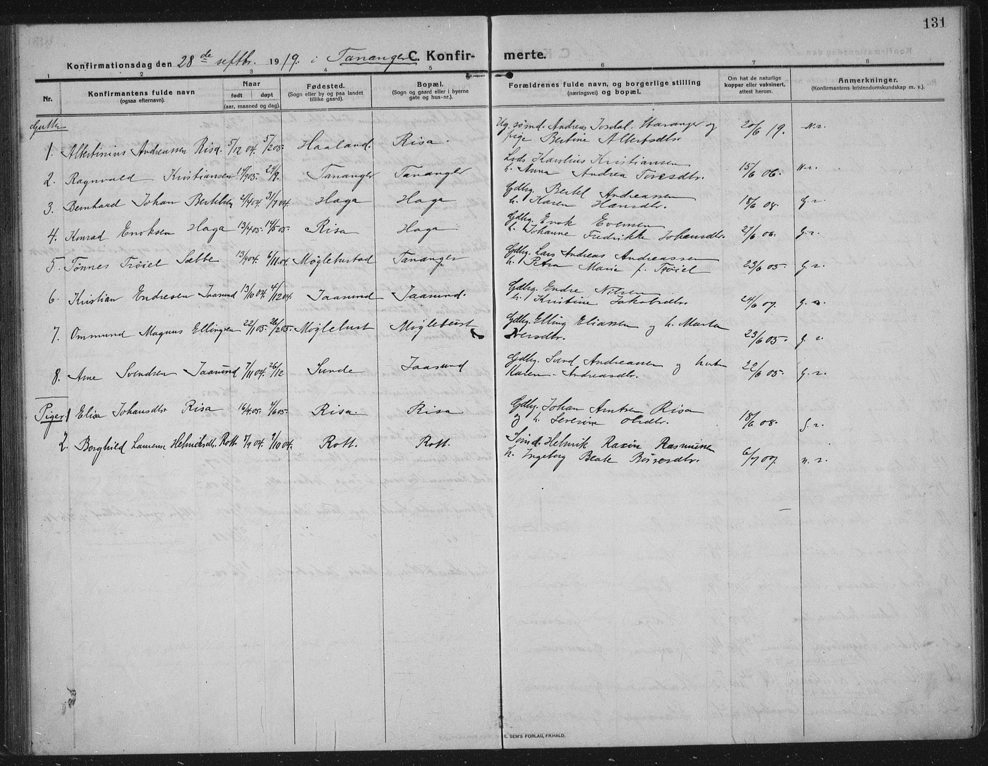 Håland sokneprestkontor, SAST/A-101802/002/C/L0001: Parish register (official) no. A 14, 1913-1927, p. 131