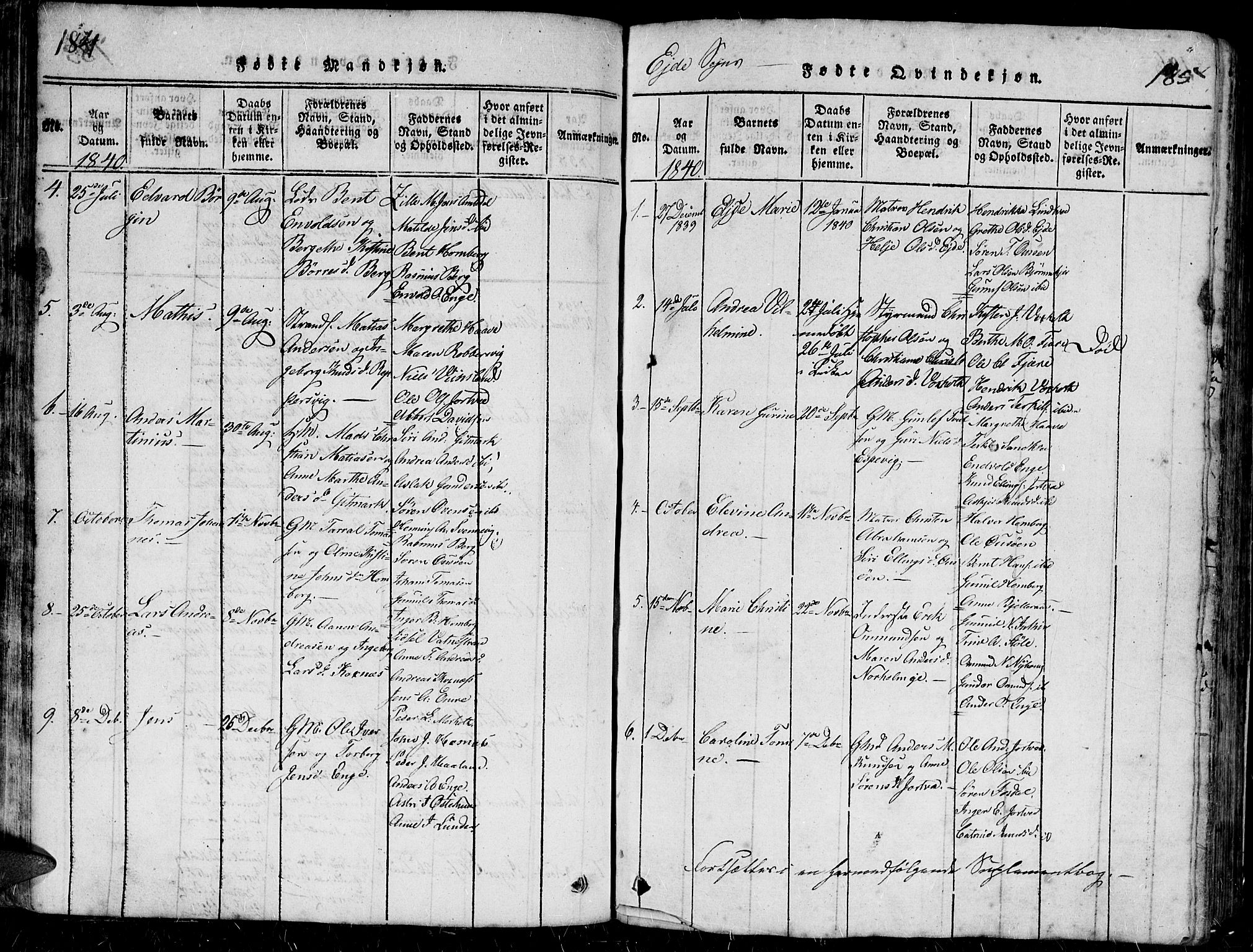 Hommedal sokneprestkontor, SAK/1111-0023/F/Fb/Fbb/L0003: Parish register (copy) no. B 3 /2, 1816-1850, p. 184-185