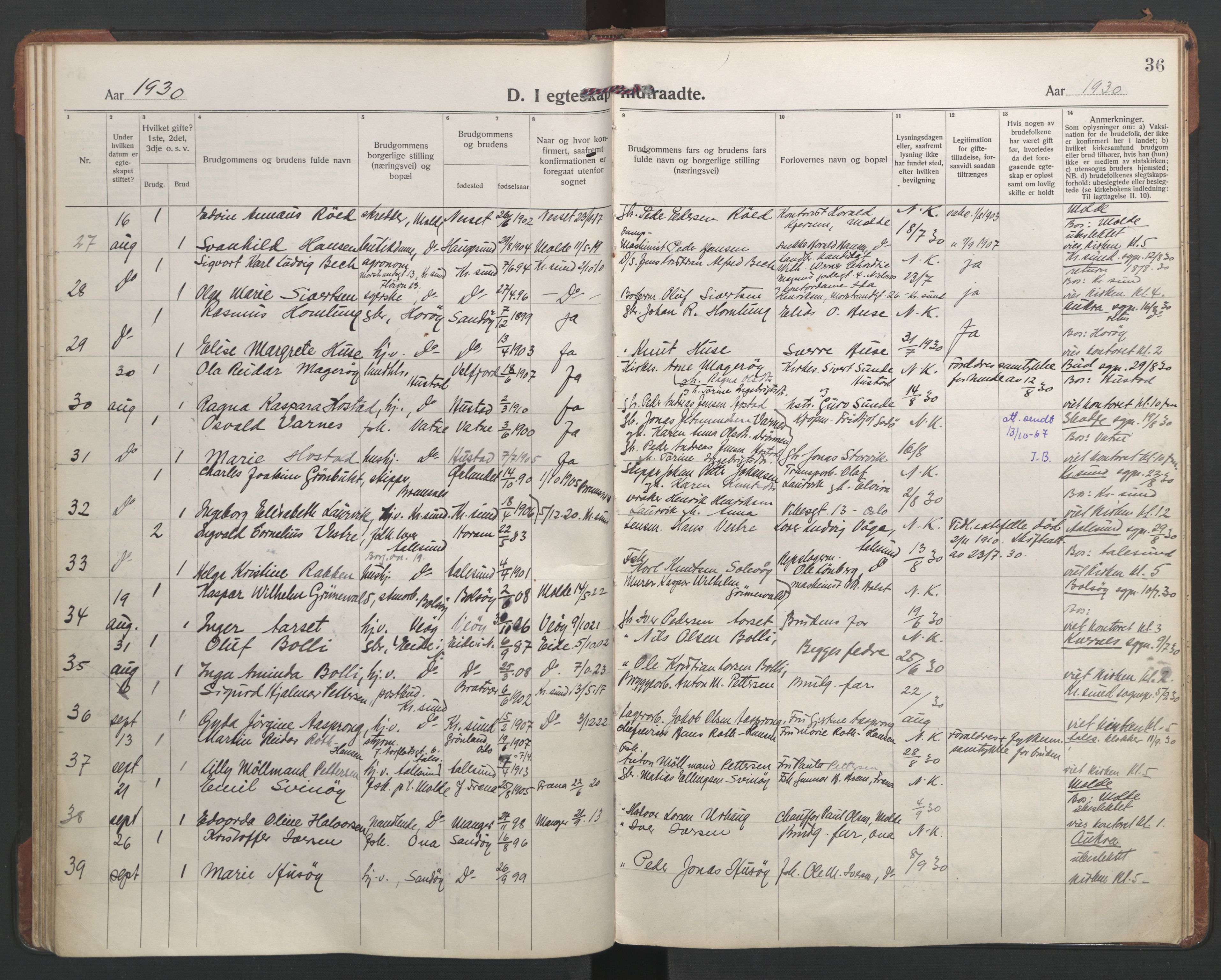 Ministerialprotokoller, klokkerbøker og fødselsregistre - Møre og Romsdal, AV/SAT-A-1454/558/L0698: Parish register (official) no. 558A12, 1922-1937, p. 36