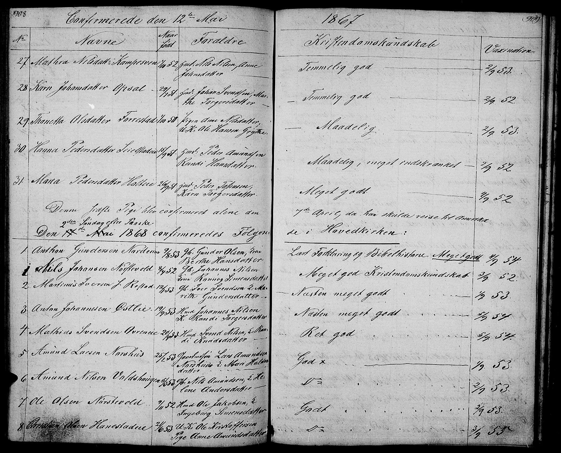 Gausdal prestekontor, AV/SAH-PREST-090/H/Ha/Hab/L0004: Parish register (copy) no. 4, 1835-1870, p. 908-909