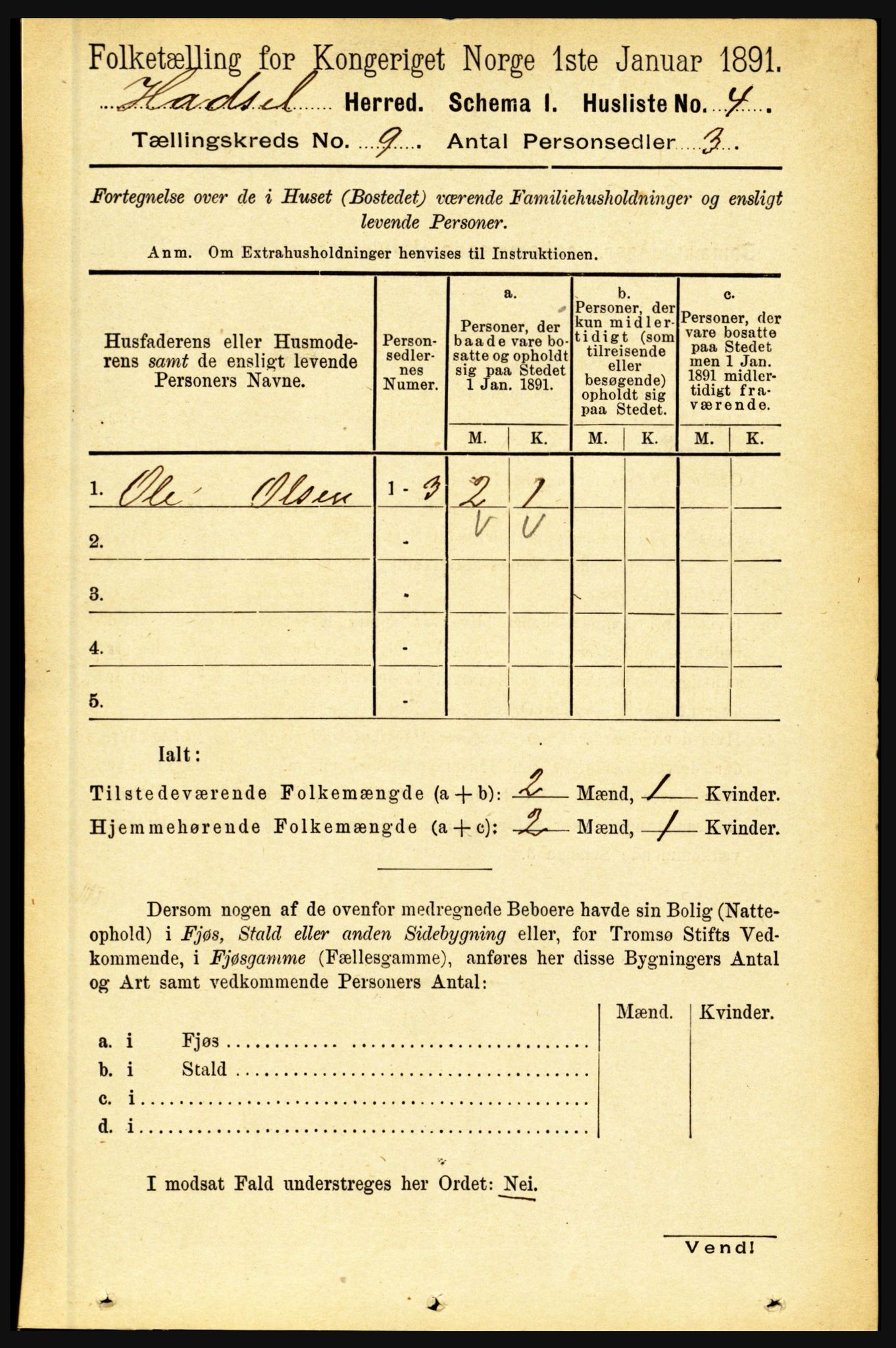 RA, 1891 census for 1866 Hadsel, 1891, p. 3888