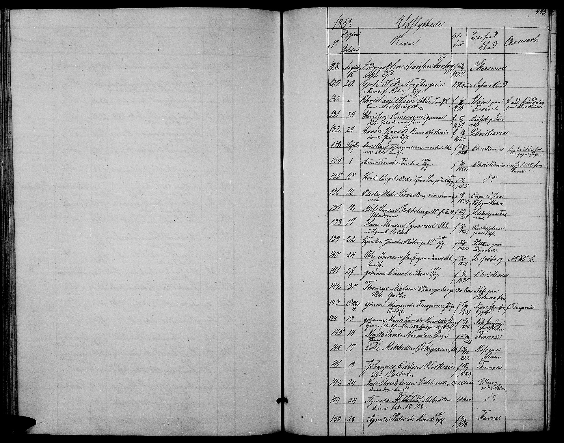 Ringsaker prestekontor, AV/SAH-PREST-014/L/La/L0006: Parish register (copy) no. 6, 1851-1860, p. 443