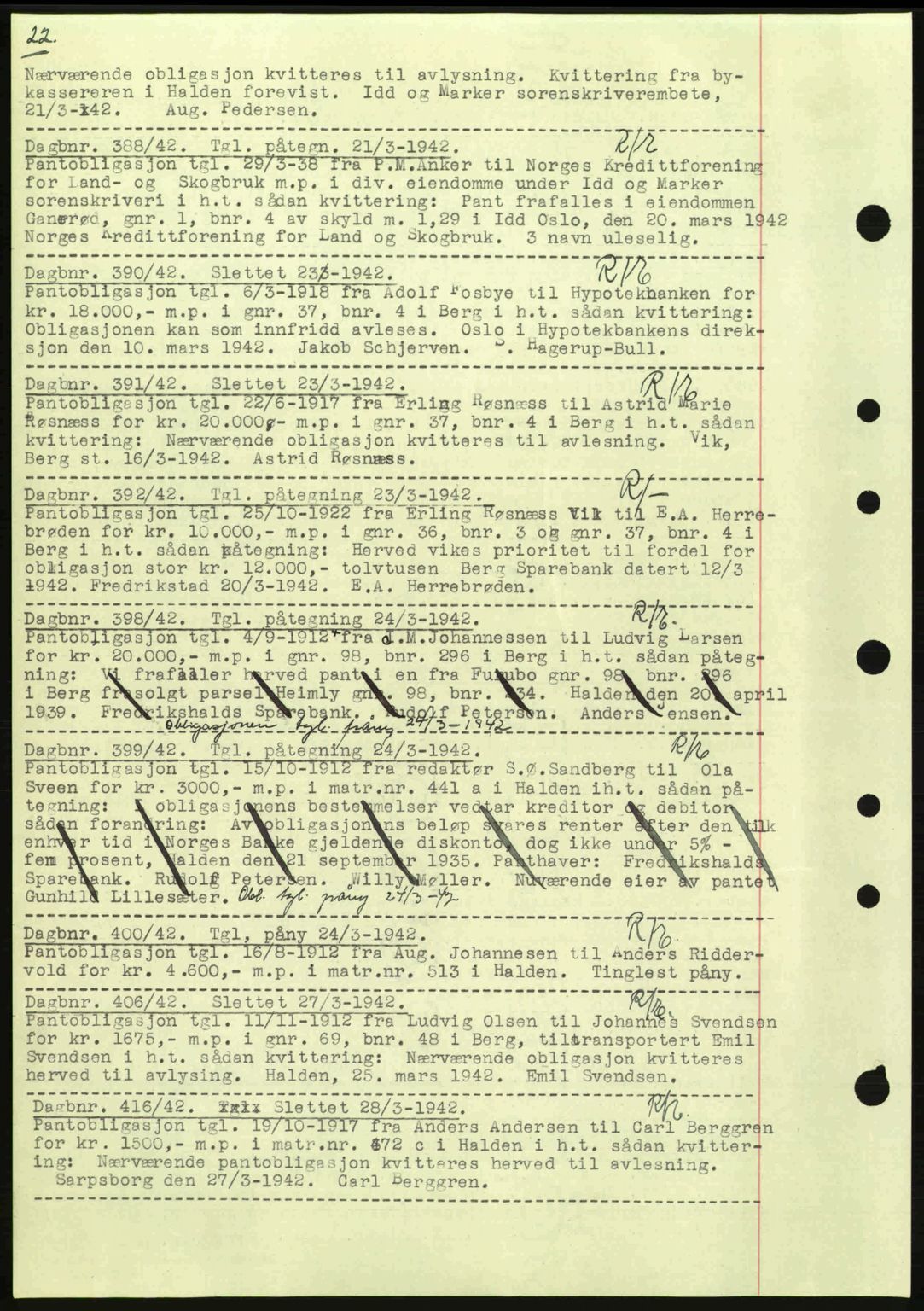 Idd og Marker sorenskriveri, AV/SAO-A-10283/G/Gb/Gbc/L0002: Mortgage book no. B4-9a, 1939-1945, Diary no: : 388/1942