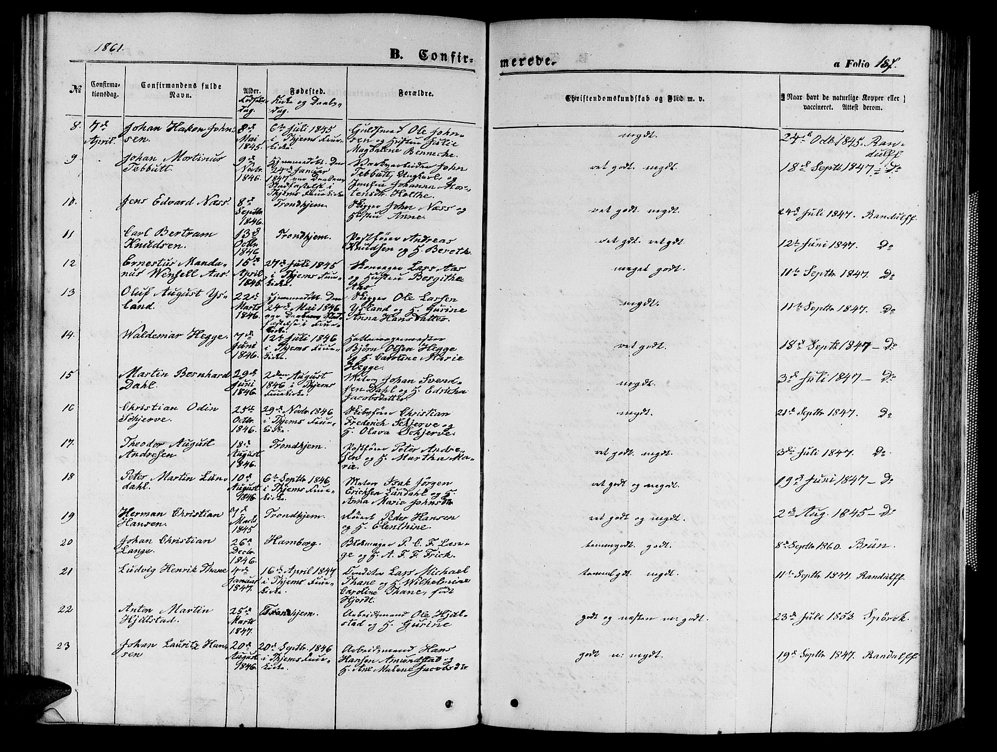 Ministerialprotokoller, klokkerbøker og fødselsregistre - Sør-Trøndelag, SAT/A-1456/602/L0139: Parish register (copy) no. 602C07, 1859-1864, p. 187