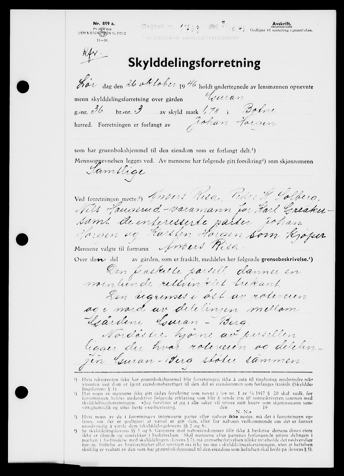 Holmestrand sorenskriveri, AV/SAKO-A-67/G/Ga/Gaa/L0061: Mortgage book no. A-61, 1946-1947, Diary no: : 1763/1946