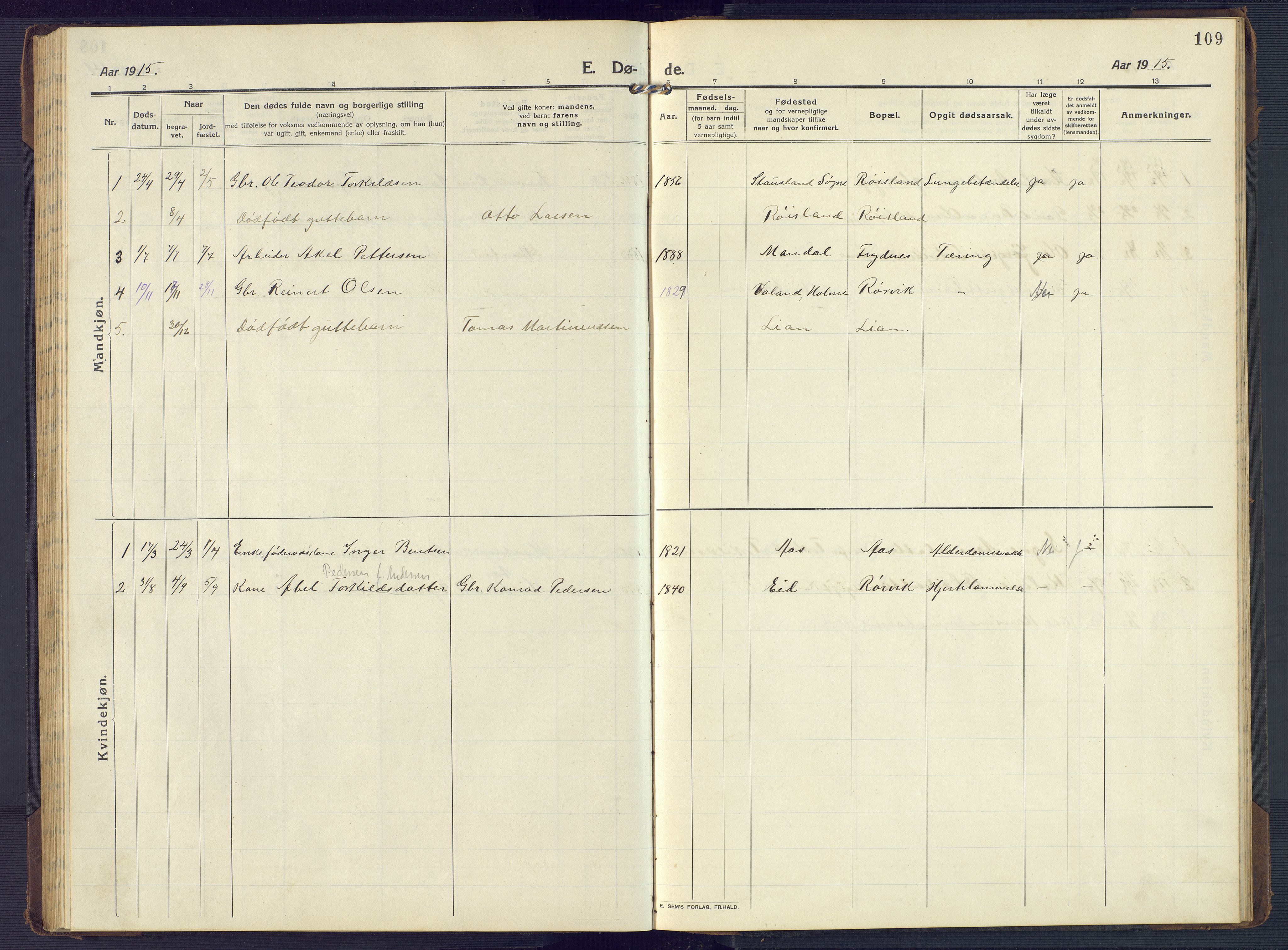 Mandal sokneprestkontor, SAK/1111-0030/F/Fb/Fbb/L0005: Parish register (copy) no. B 5, 1913-1957, p. 109