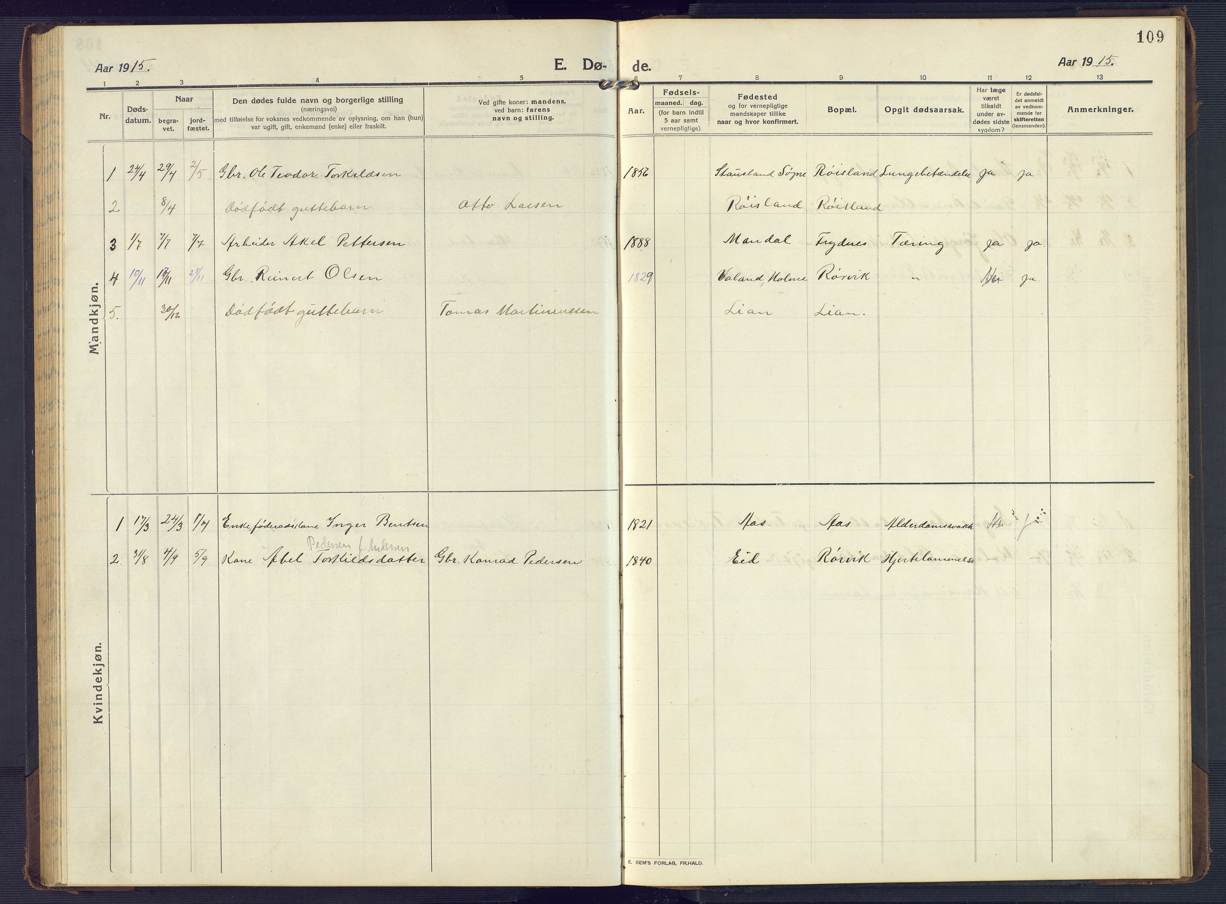 Mandal sokneprestkontor, AV/SAK-1111-0030/F/Fb/Fbb/L0005: Parish register (copy) no. B 5, 1913-1957, p. 109