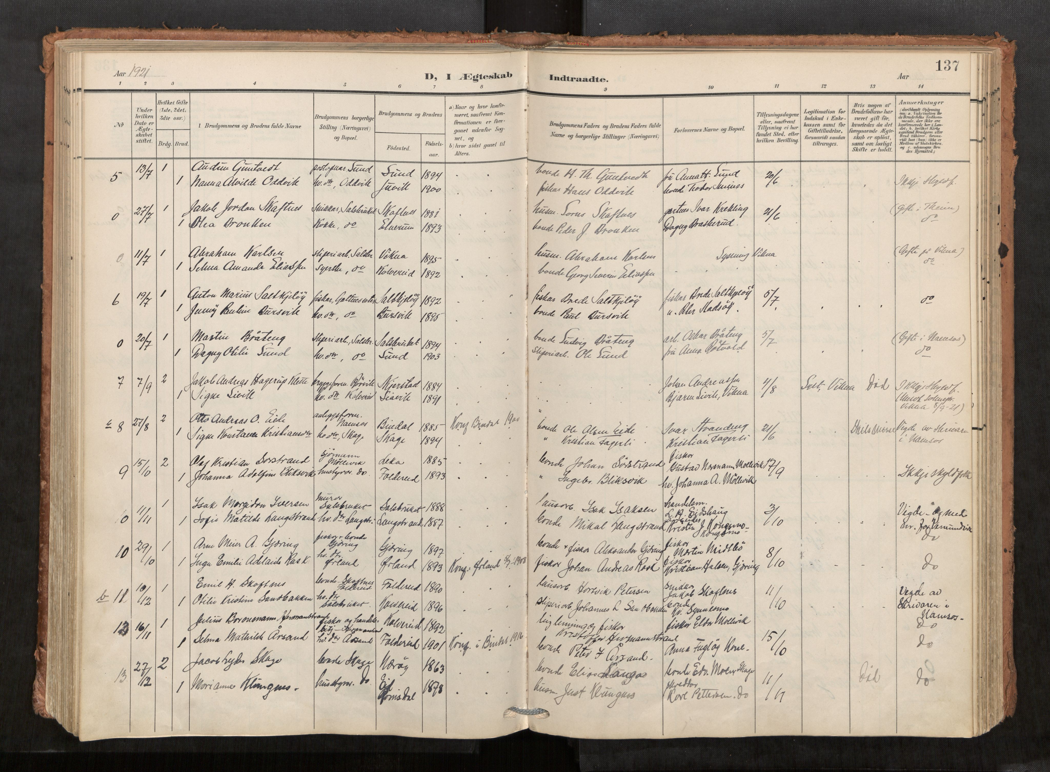 Kolvereid sokneprestkontor, SAT/A-1171/H/Ha/Haa/L0001: Parish register (official) no. 1, 1903-1922, p. 137