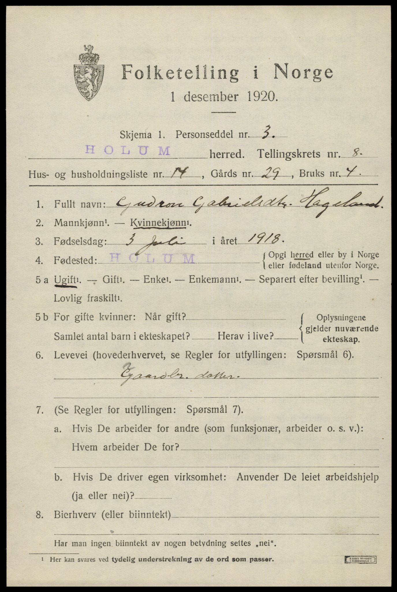 SAK, 1920 census for Holum, 1920, p. 2625