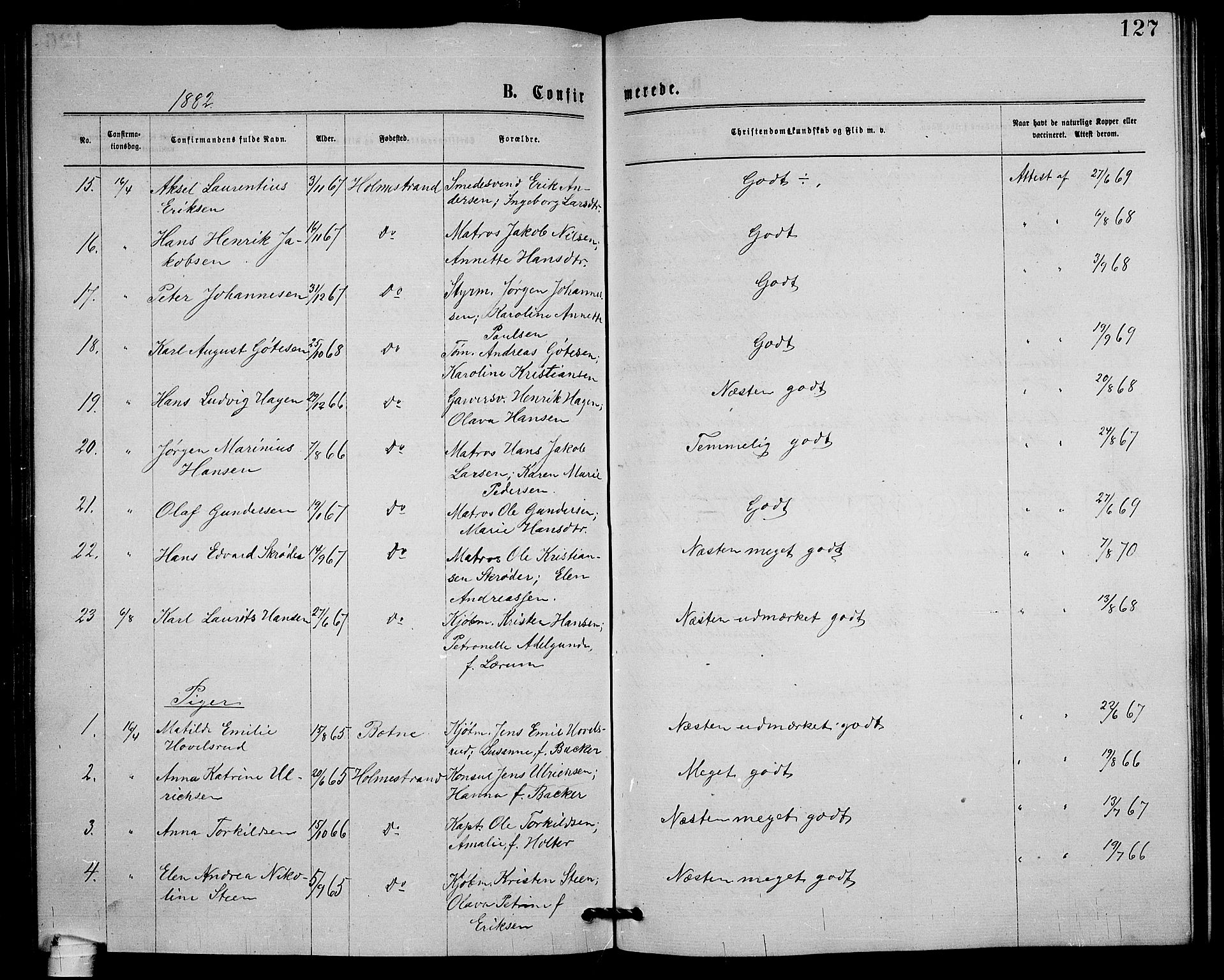 Holmestrand kirkebøker, AV/SAKO-A-346/G/Ga/L0004: Parish register (copy) no. 4, 1874-1888, p. 127