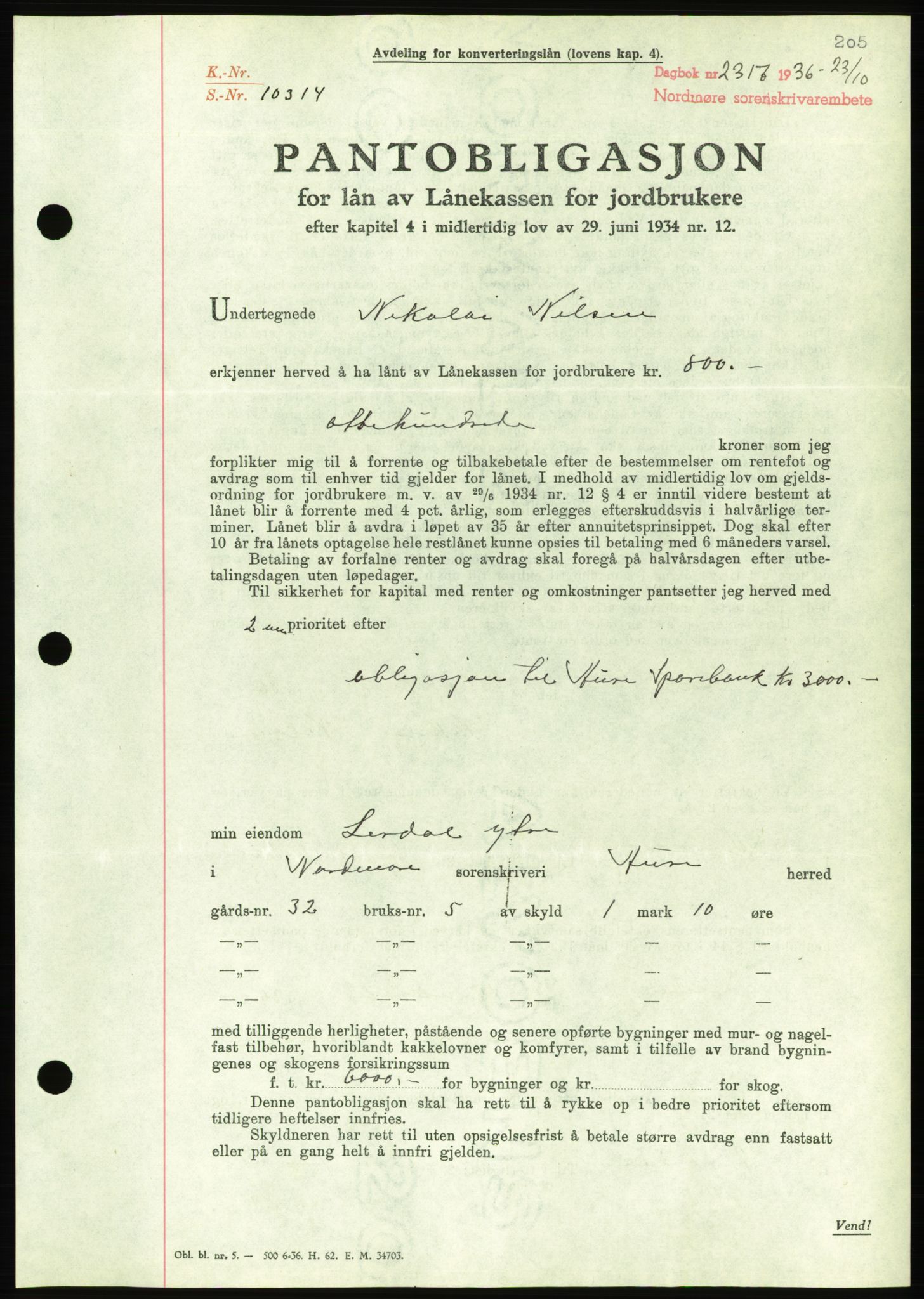 Nordmøre sorenskriveri, AV/SAT-A-4132/1/2/2Ca/L0090: Mortgage book no. B80, 1936-1937, Diary no: : 2317/1936