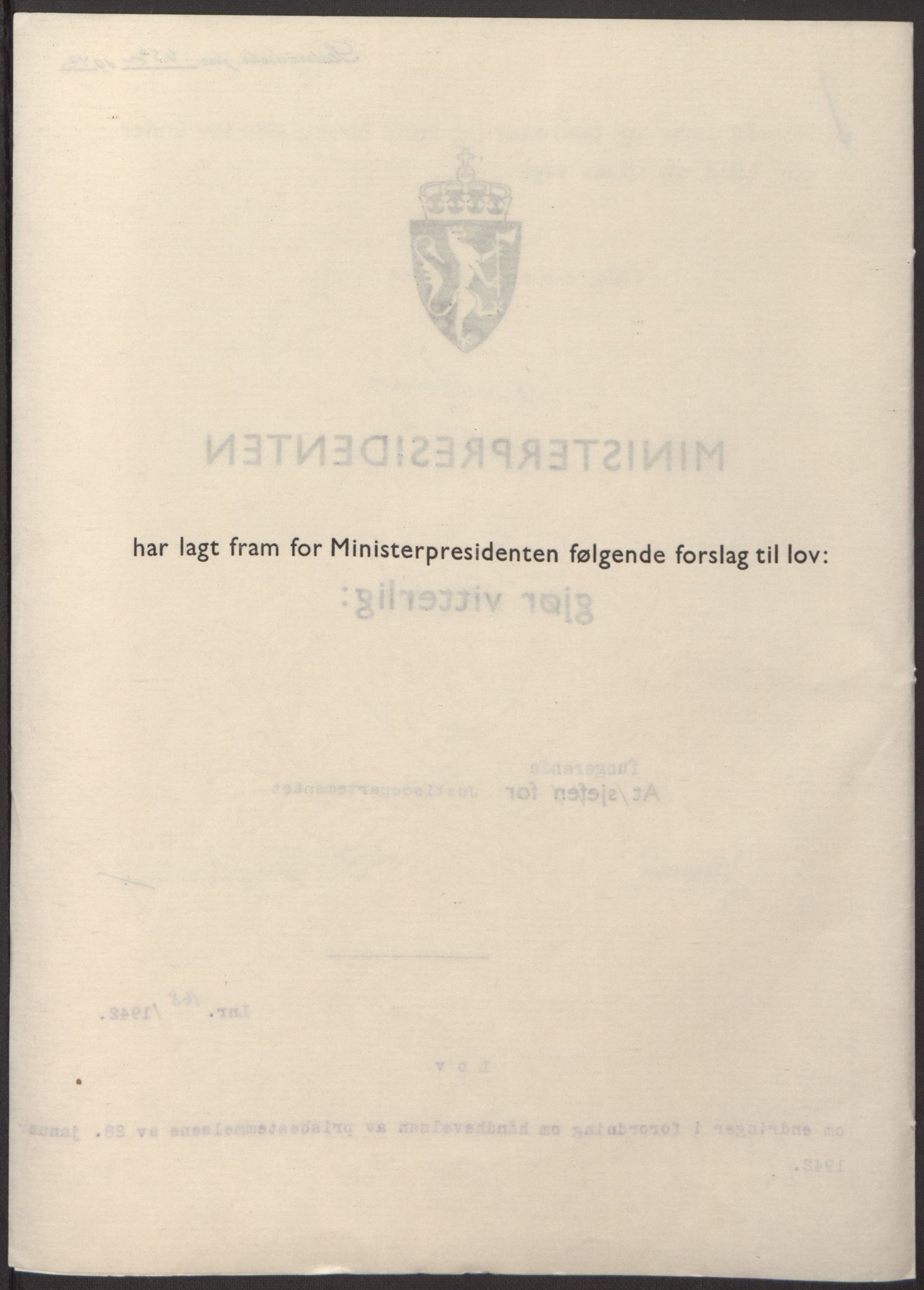 NS-administrasjonen 1940-1945 (Statsrådsekretariatet, de kommisariske statsråder mm), RA/S-4279/D/Db/L0098: Lover II, 1942, p. 262