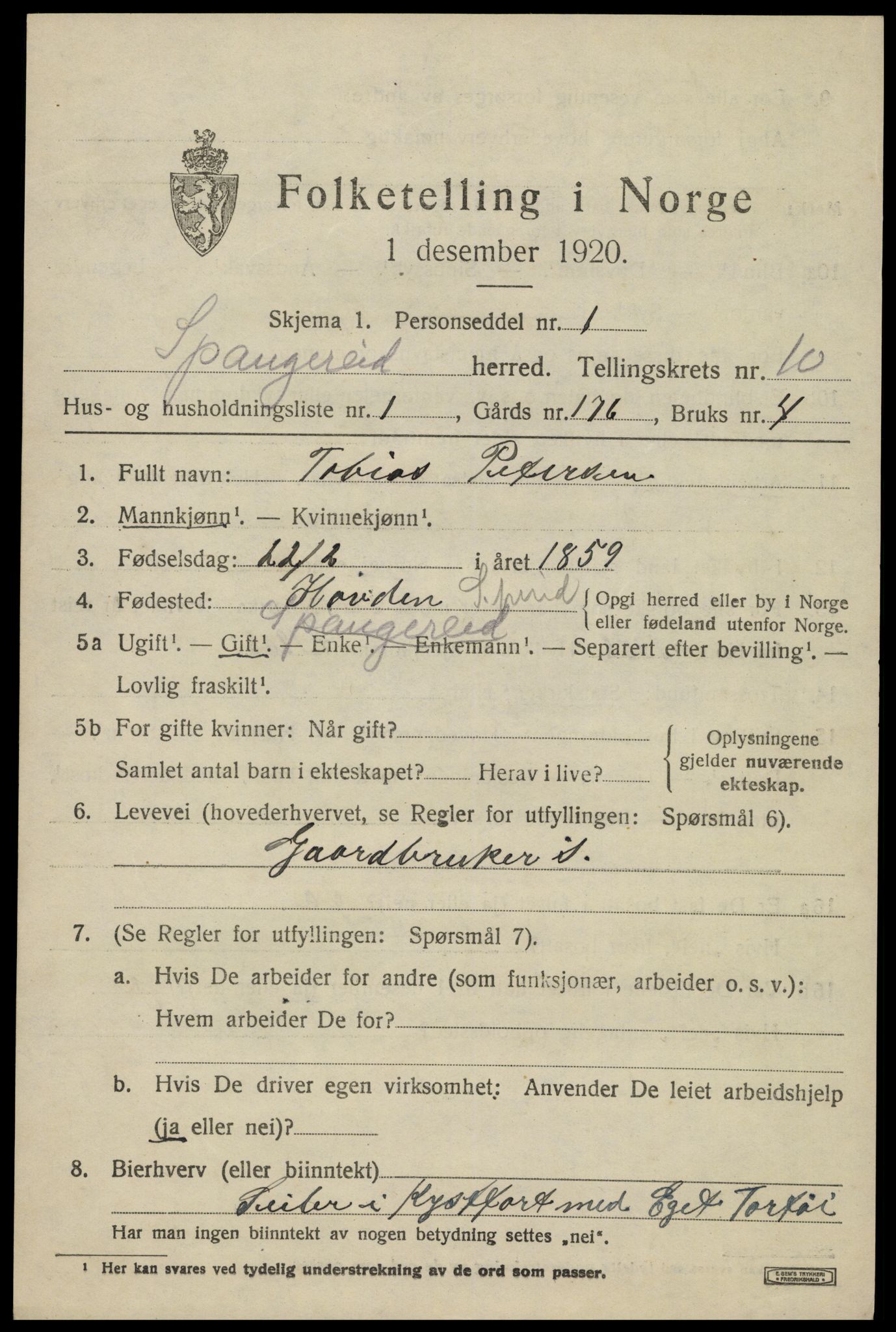 SAK, 1920 census for Spangereid, 1920, p. 3491