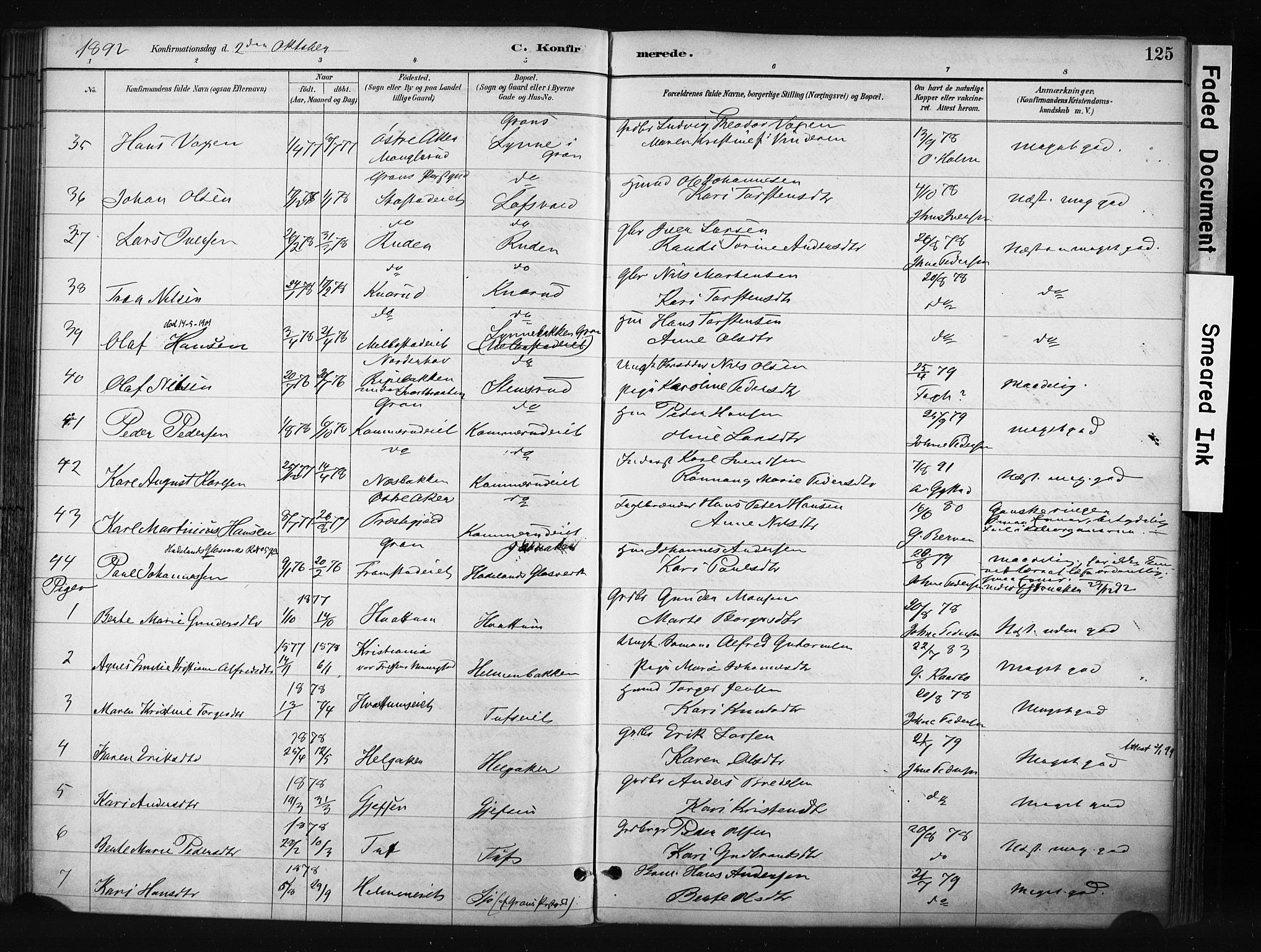 Gran prestekontor, AV/SAH-PREST-112/H/Ha/Haa/L0017: Parish register (official) no. 17, 1889-1897, p. 125