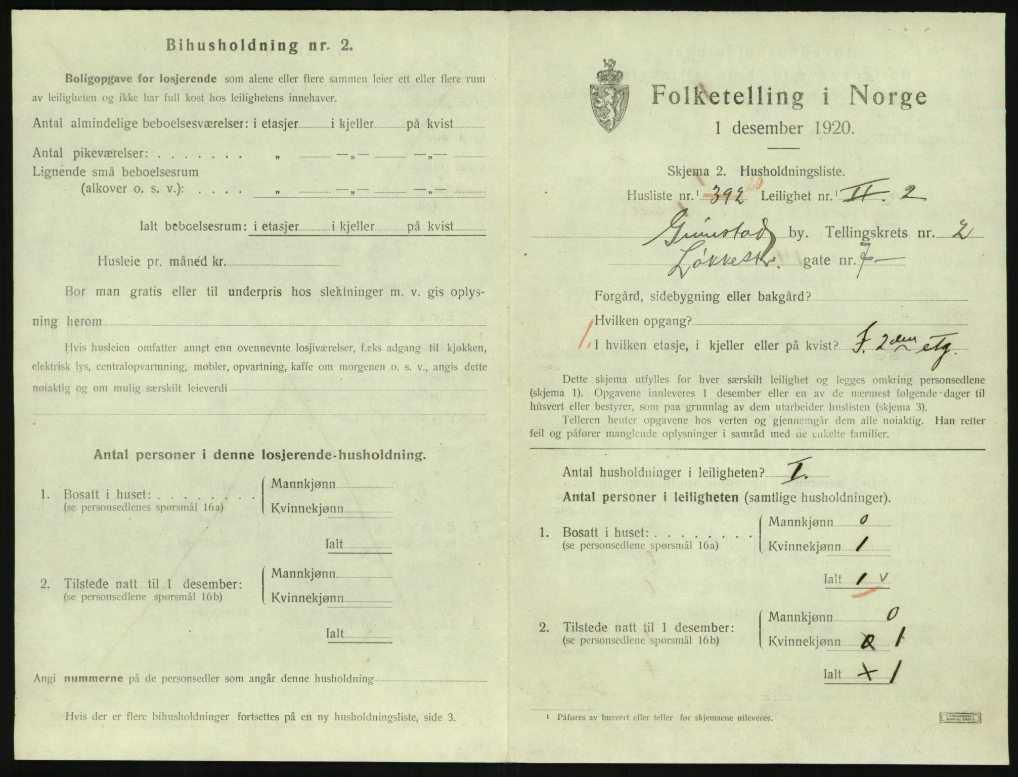 SAK, 1920 census for Grimstad, 1920, p. 1327