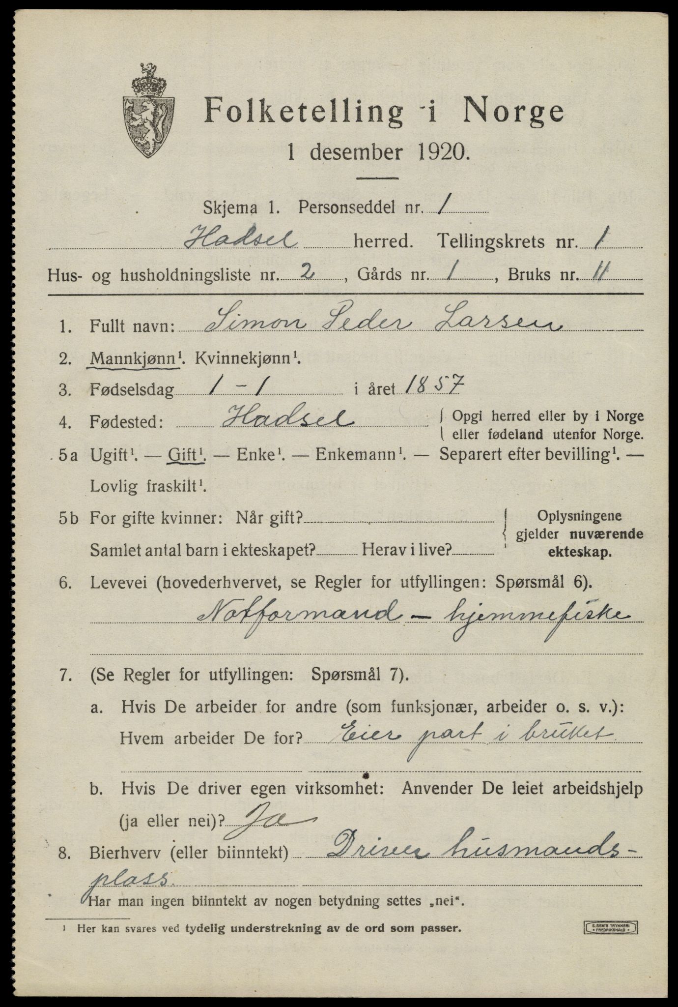 SAT, 1920 census for Hadsel, 1920, p. 3406