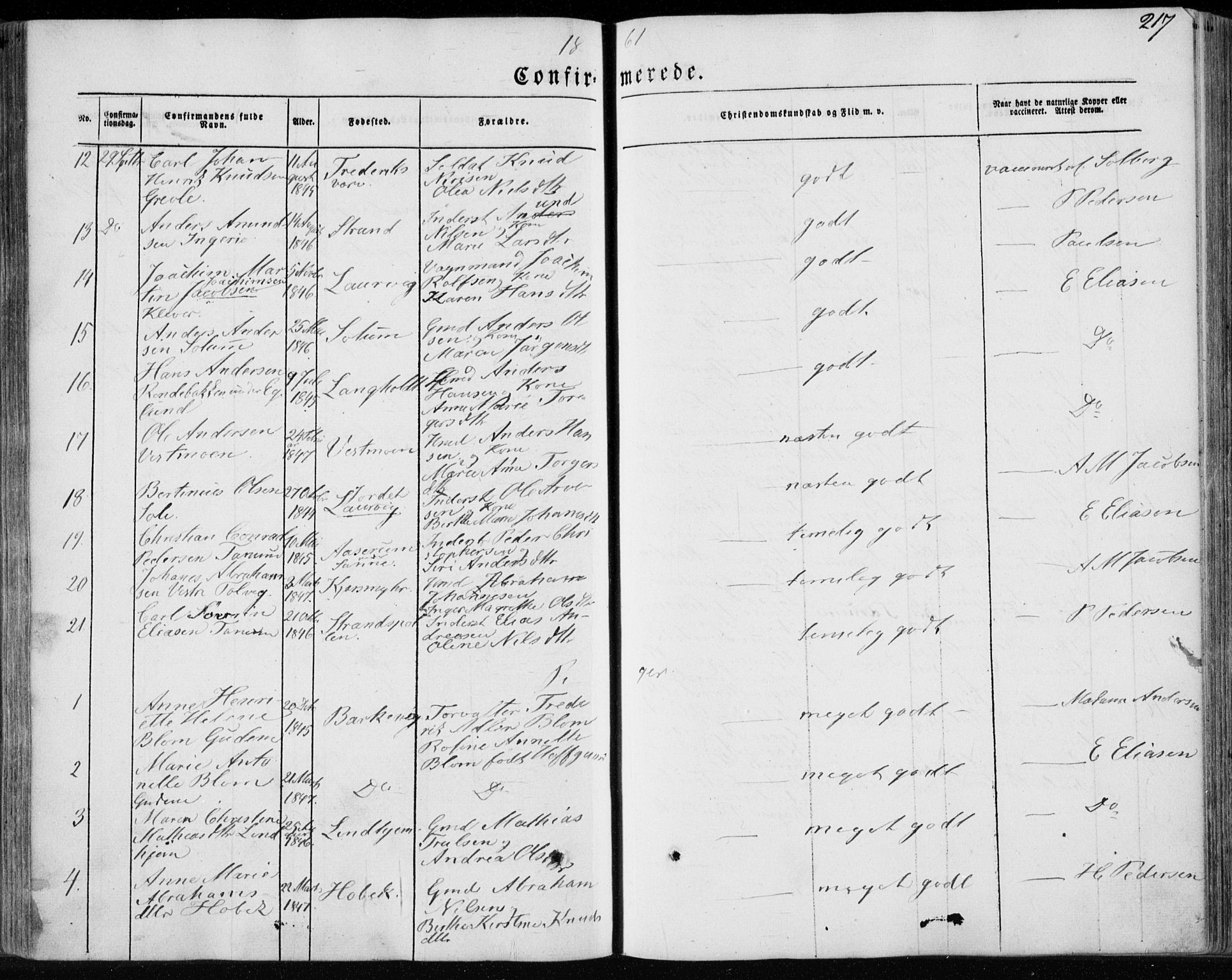 Brunlanes kirkebøker, AV/SAKO-A-342/F/Fa/L0004: Parish register (official) no. I 4, 1846-1862, p. 217