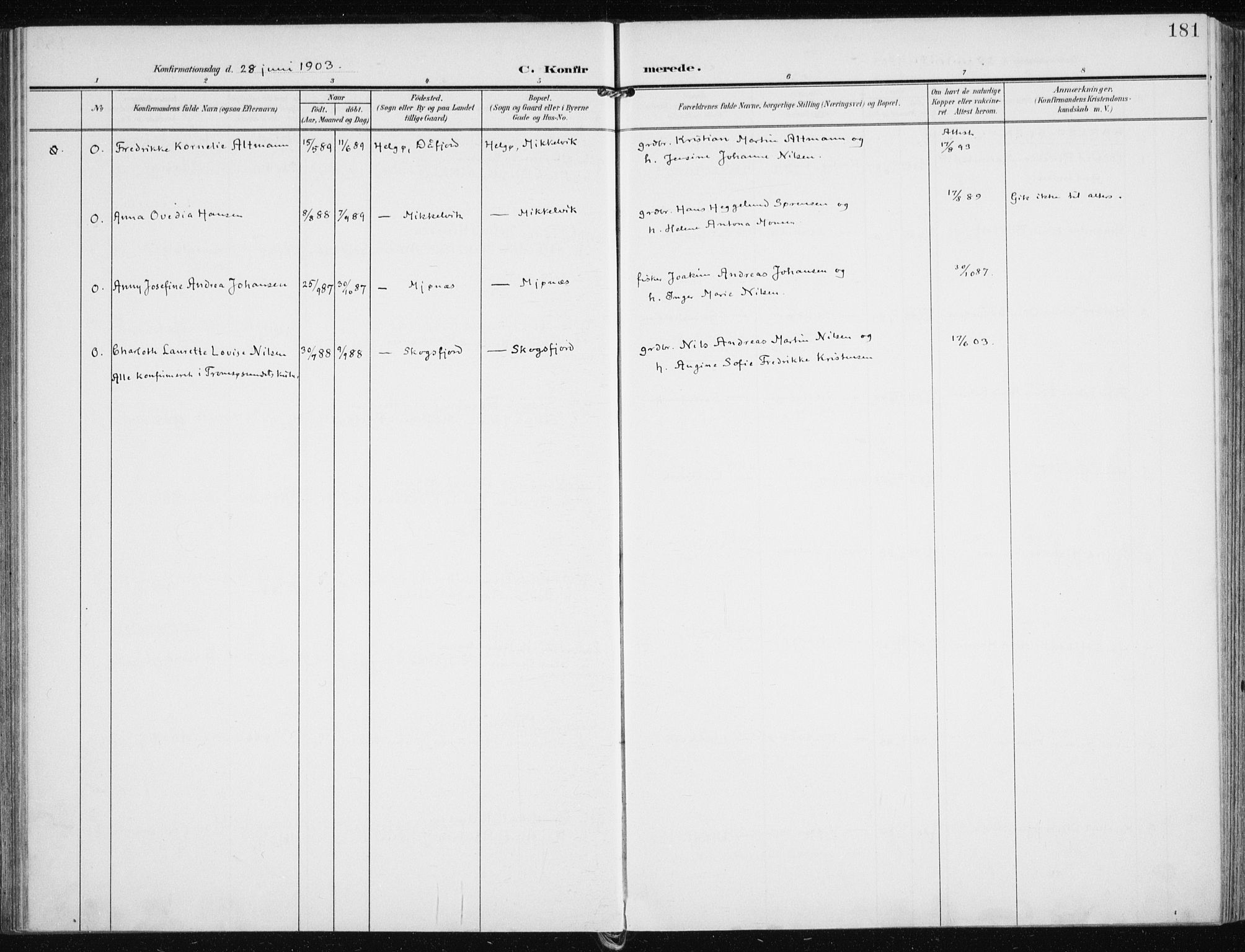 Karlsøy sokneprestembete, AV/SATØ-S-1299/H/Ha/Haa/L0014kirke: Parish register (official) no. 14, 1903-1917, p. 181