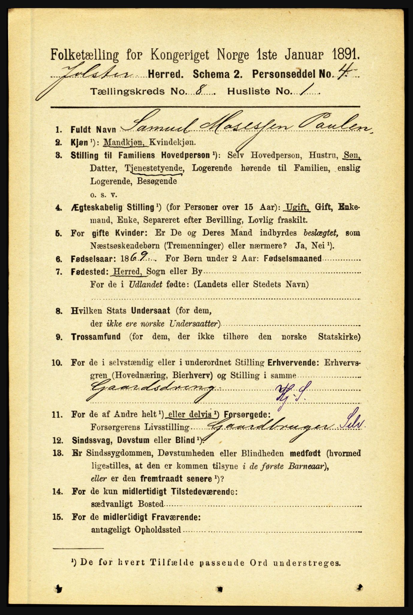 RA, 1891 census for 1431 Jølster, 1891, p. 2806