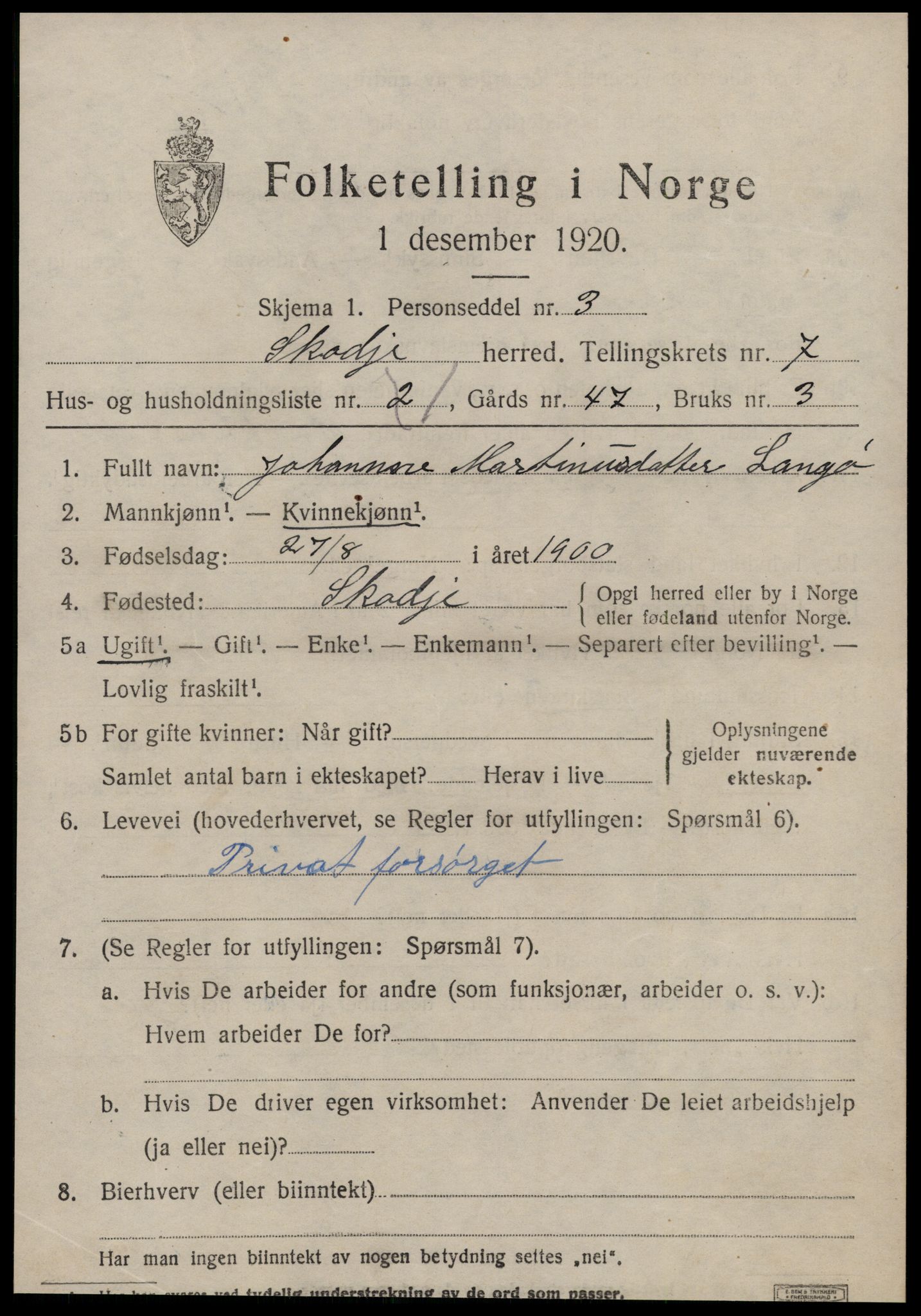 SAT, 1920 census for Skodje, 1920, p. 2973