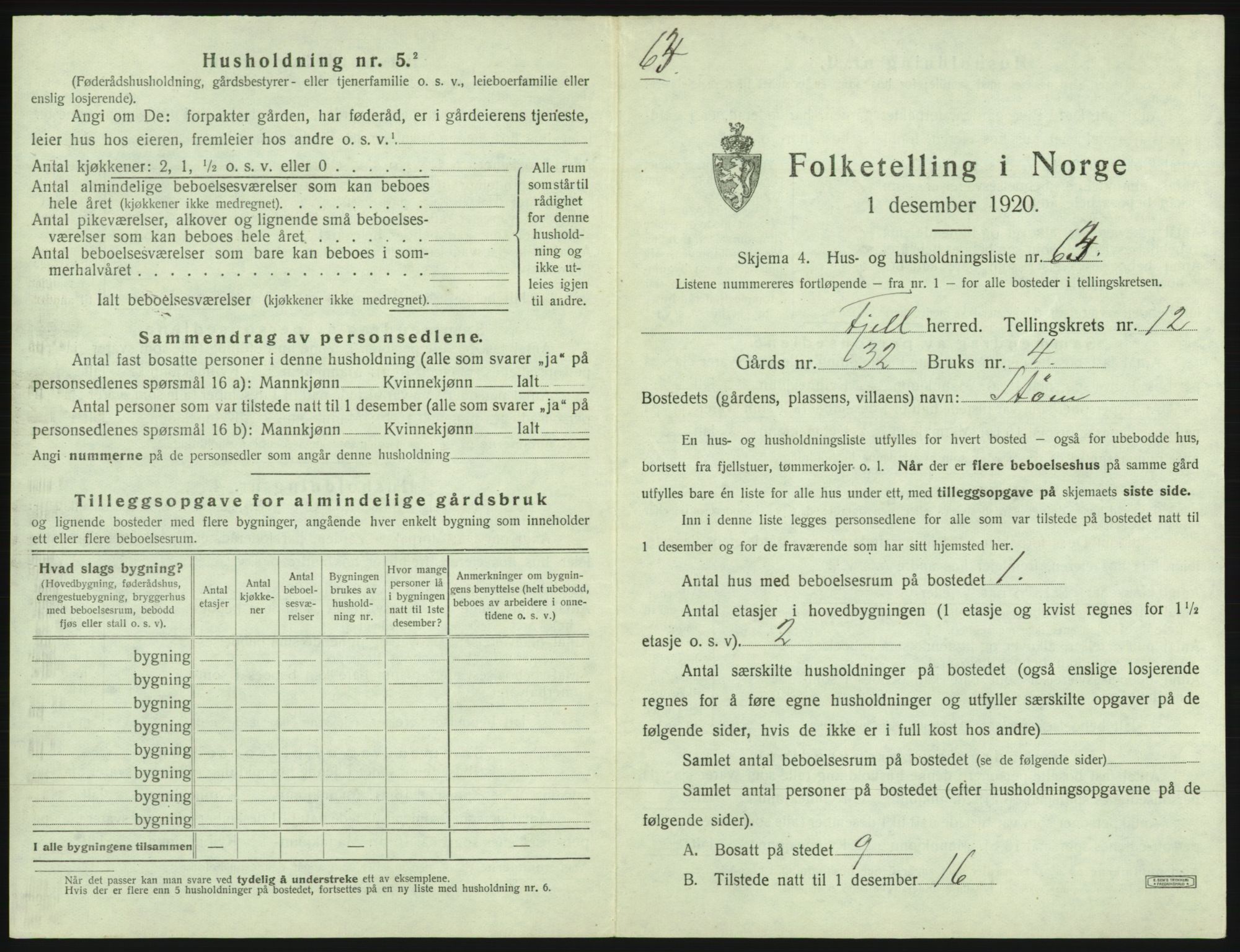 SAB, 1920 census for Fjell, 1920, p. 1454