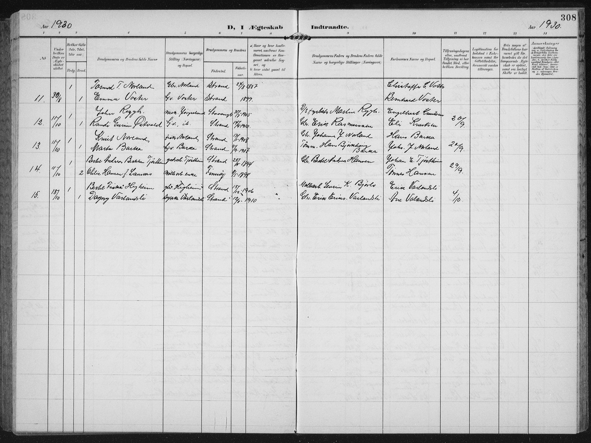 Strand sokneprestkontor, AV/SAST-A-101828/H/Ha/Hab/L0005: Parish register (copy) no. B 5, 1904-1934, p. 308