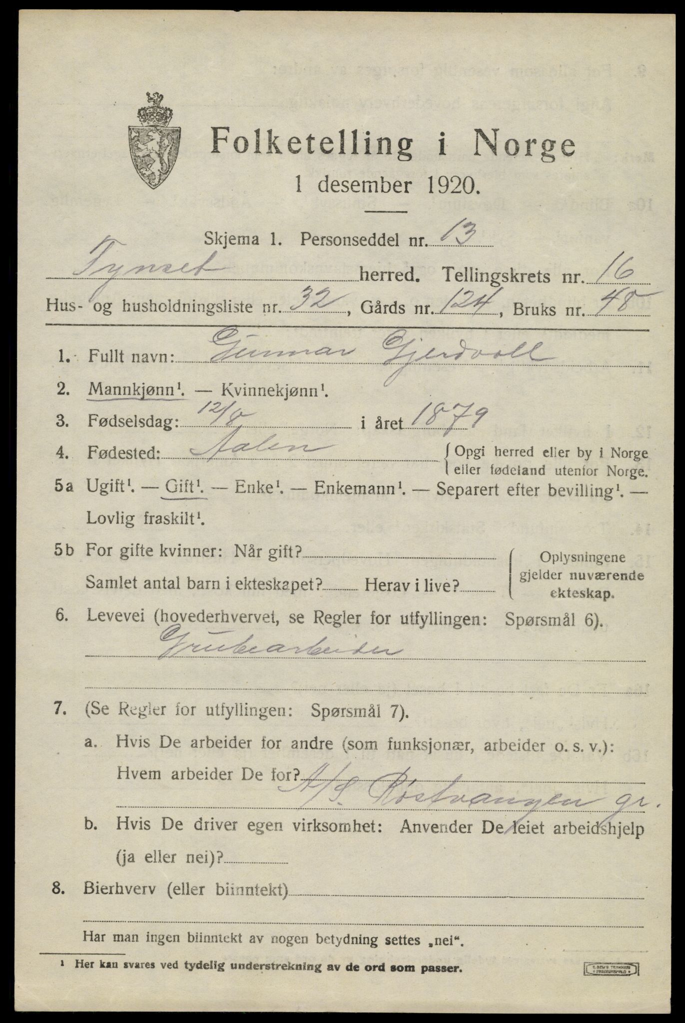 SAH, 1920 census for Tynset, 1920, p. 10042