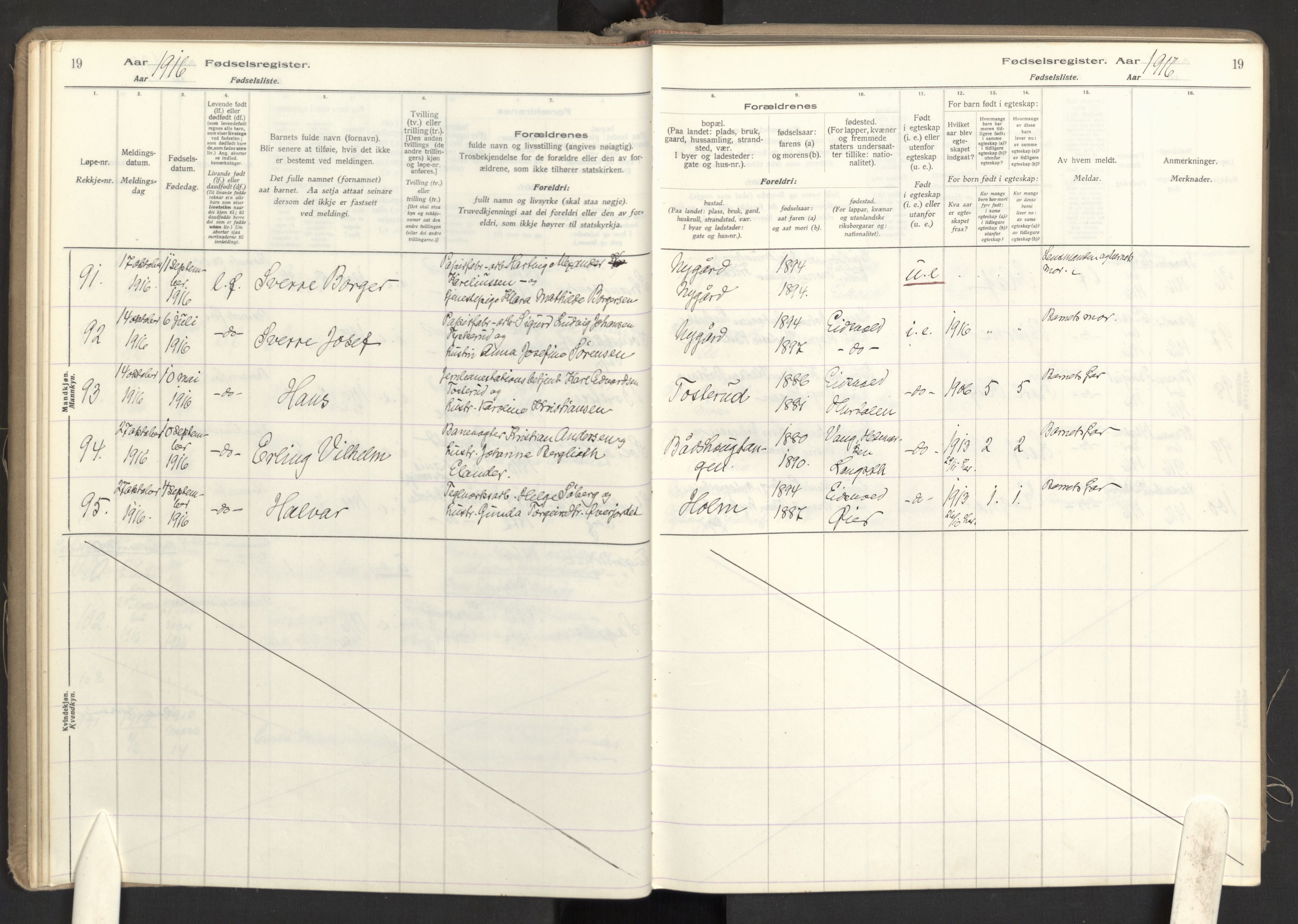 Eidsvoll prestekontor Kirkebøker, AV/SAO-A-10888/J/Ja/L0001: Birth register no. I 1, 1916-1924, p. 19