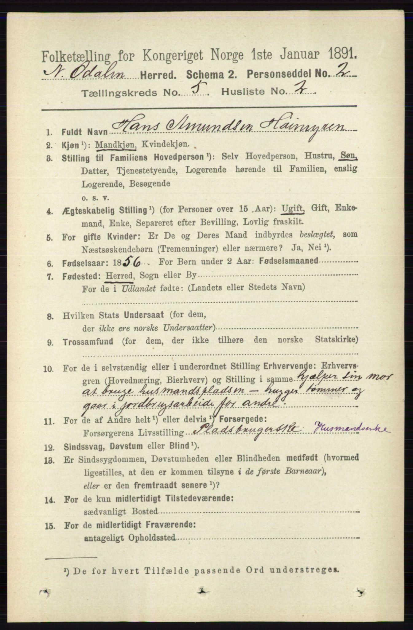 RA, 1891 census for 0418 Nord-Odal, 1891, p. 1554