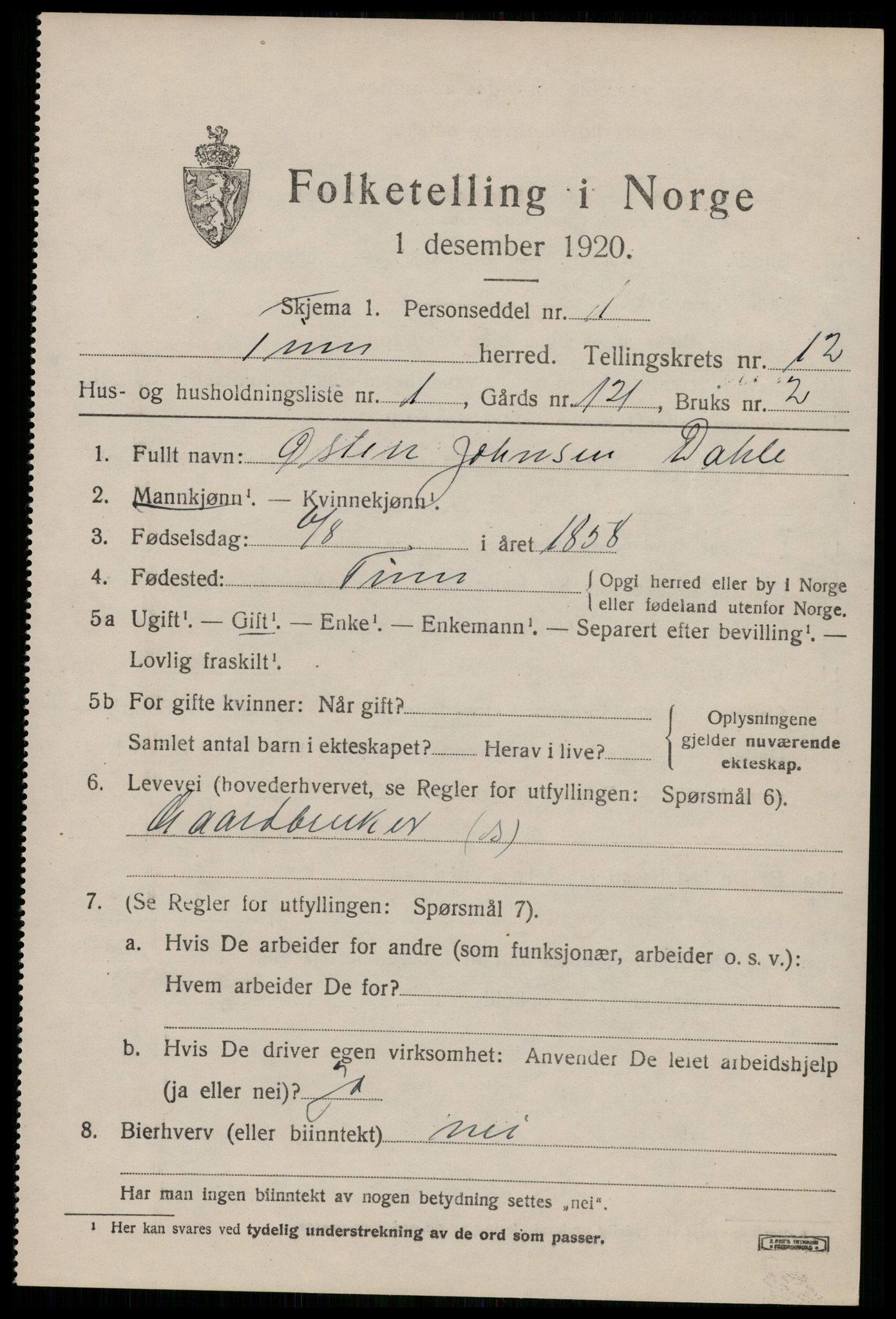 SAKO, 1920 census for Tinn, 1920, p. 7940