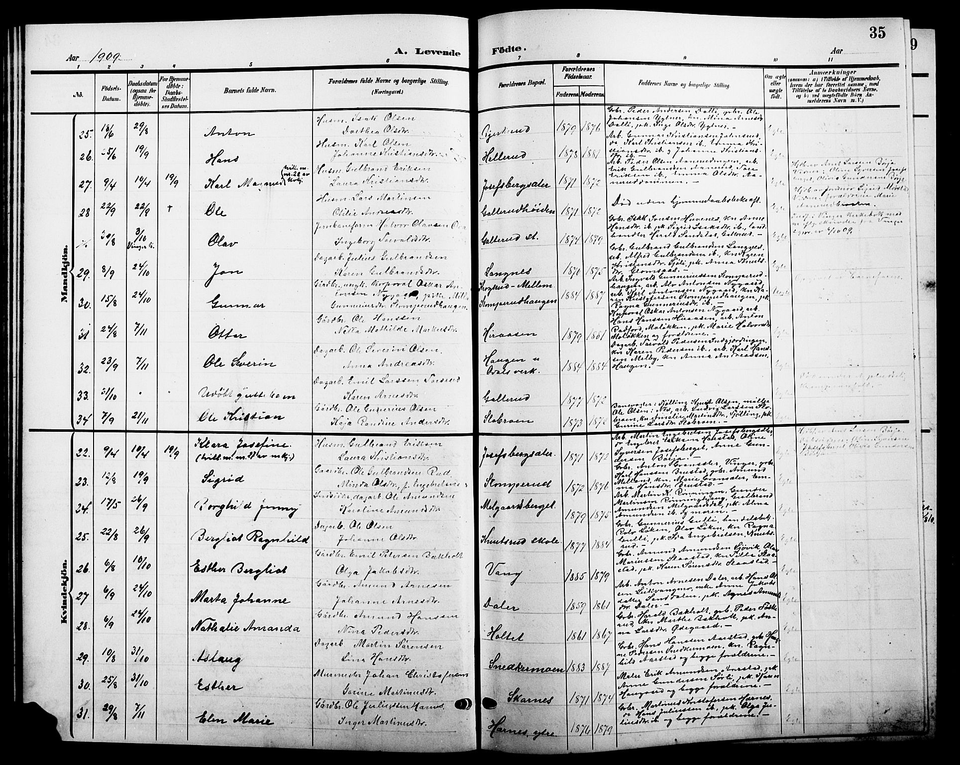 Sør-Odal prestekontor, AV/SAH-PREST-030/H/Ha/Hab/L0005: Parish register (copy) no. 5, 1903-1915, p. 35